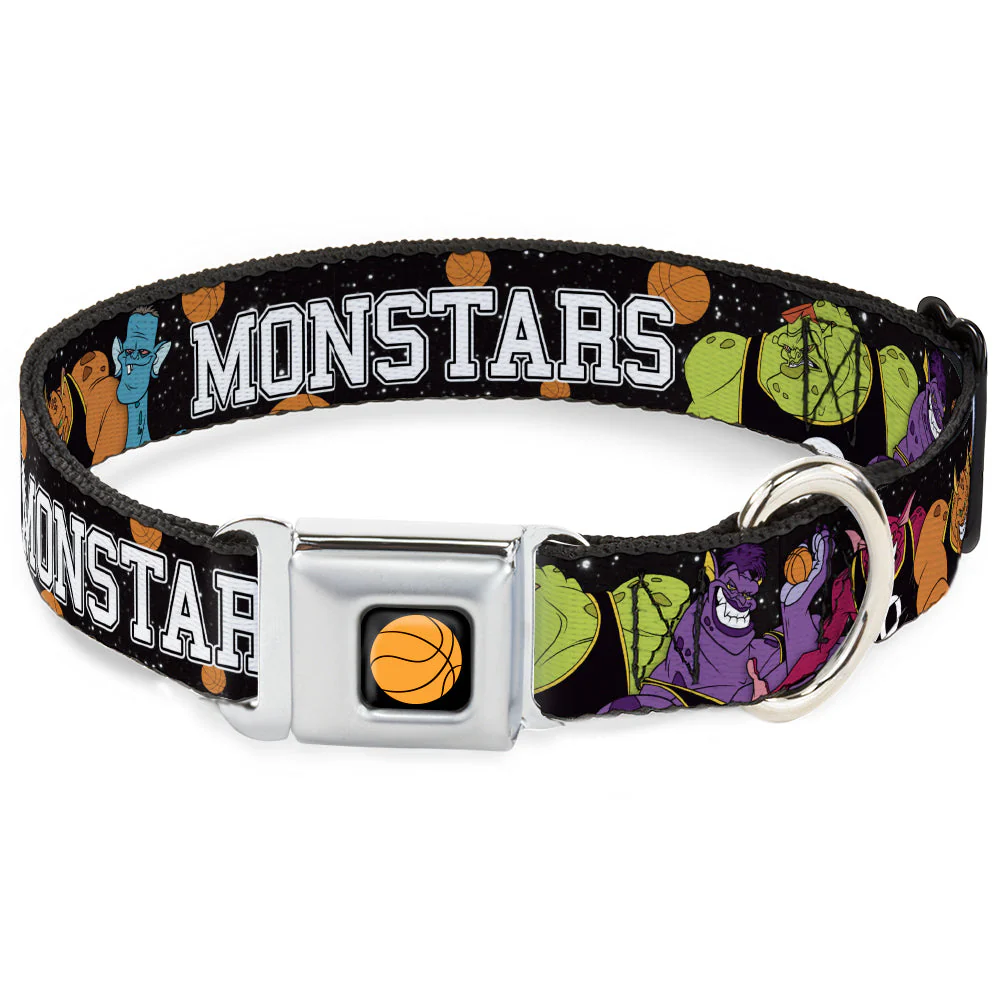 Looney Tunes Basketball Full Color Black Seatbelt Buckle Collar - Space Jam MONSTARS 5-Player Group Pose/Basketballs Galaxy Black/White