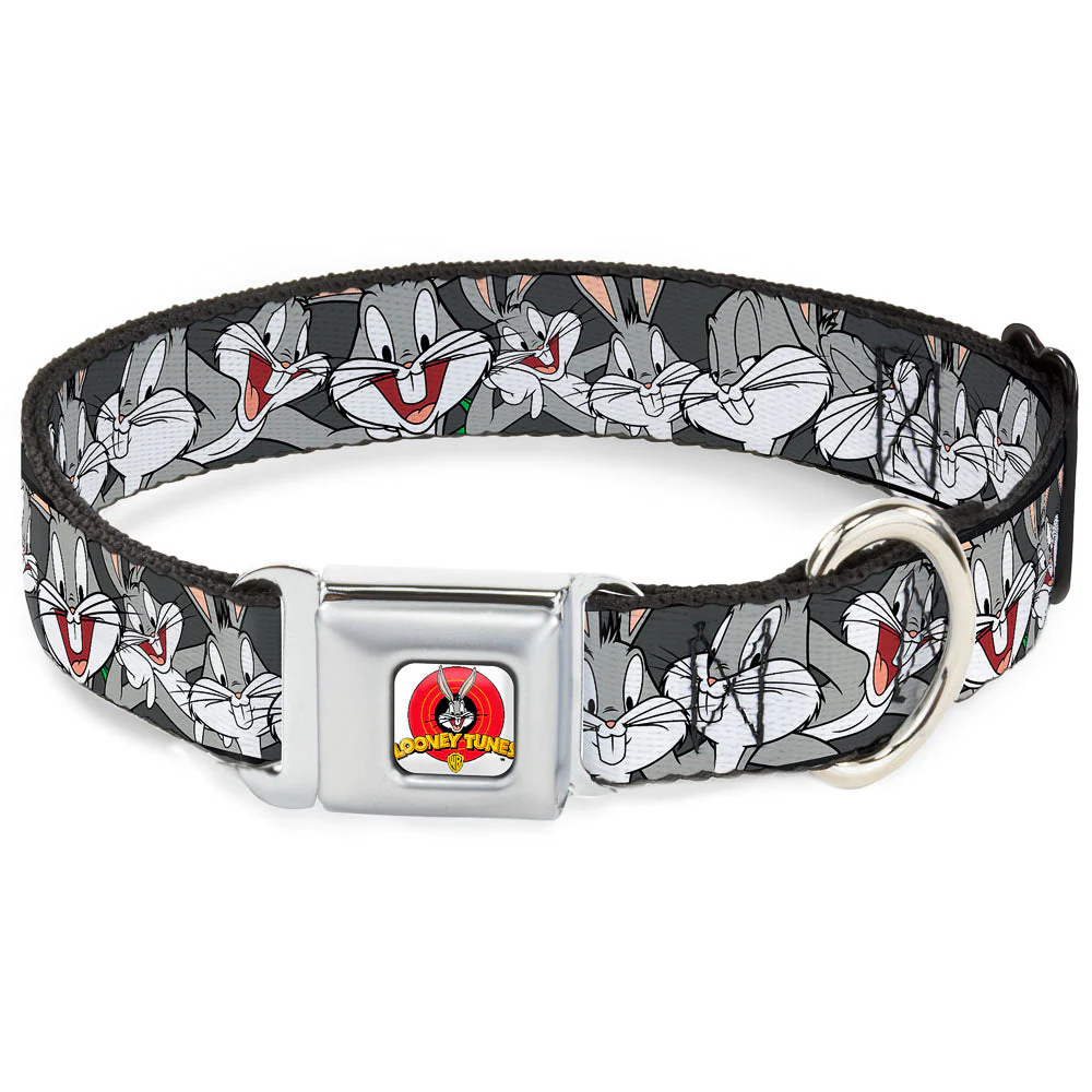 Looney Tunes Logo Full Color White Seatbelt Buckle Collar - Bugs Bunny CLOSE-UP Expressions Black