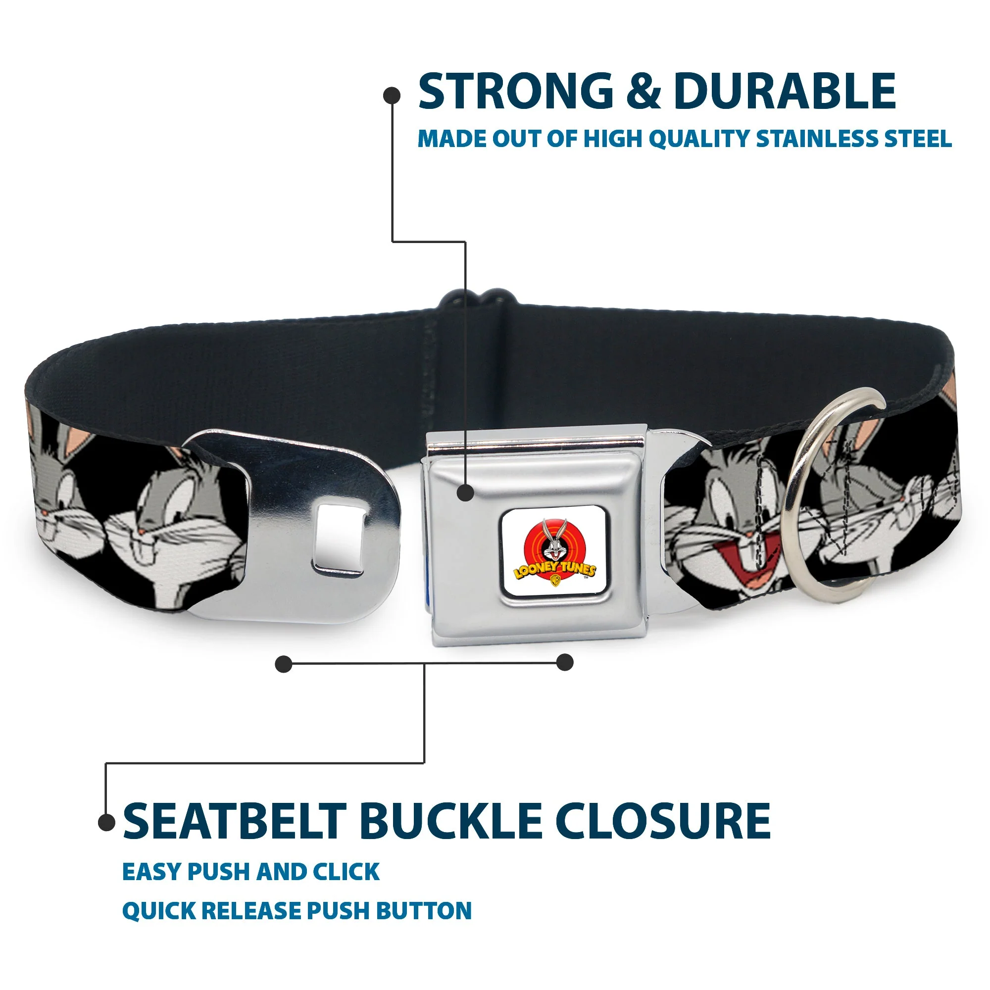 Looney Tunes Logo Full Color White Seatbelt Buckle Collar - Bugs Bunny CLOSE-UP Expressions Black - Image 4