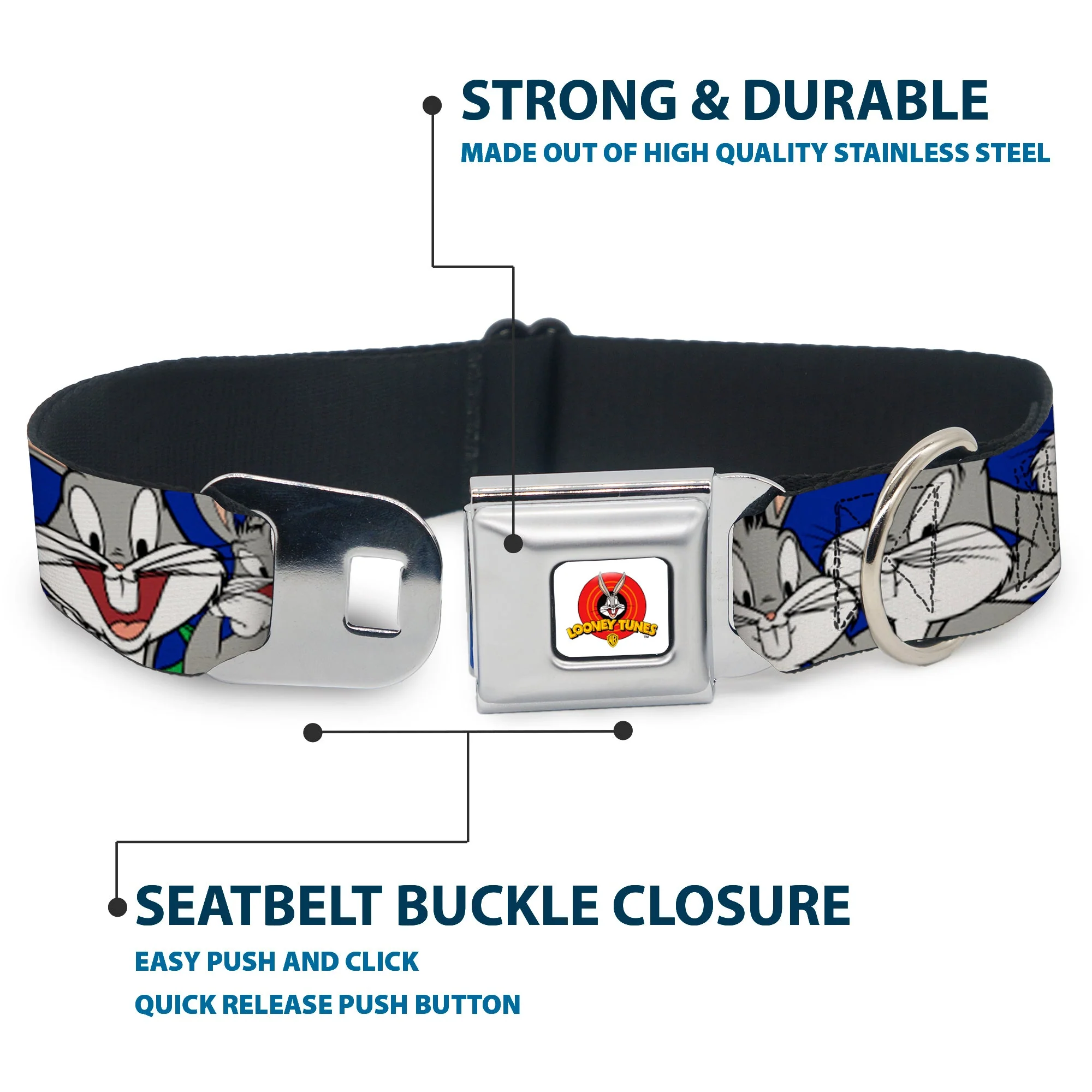Looney Tunes Logo Full Color White Seatbelt Buckle Collar - Bugs Bunny CLOSE-UP Poses Blue - Image 4