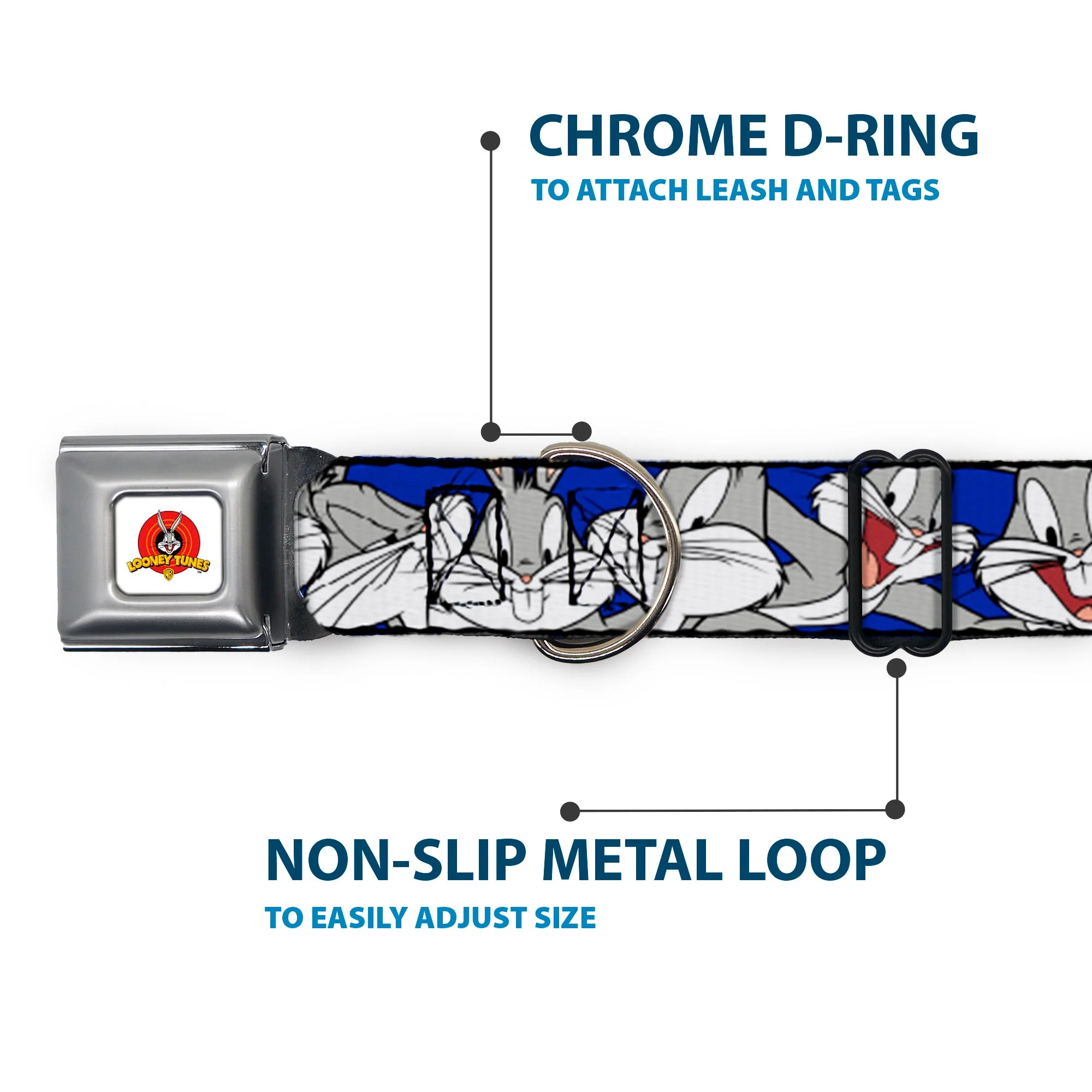 Looney Tunes Logo Full Color White Seatbelt Buckle Collar - Bugs Bunny CLOSE-UP Poses Blue - Image 5