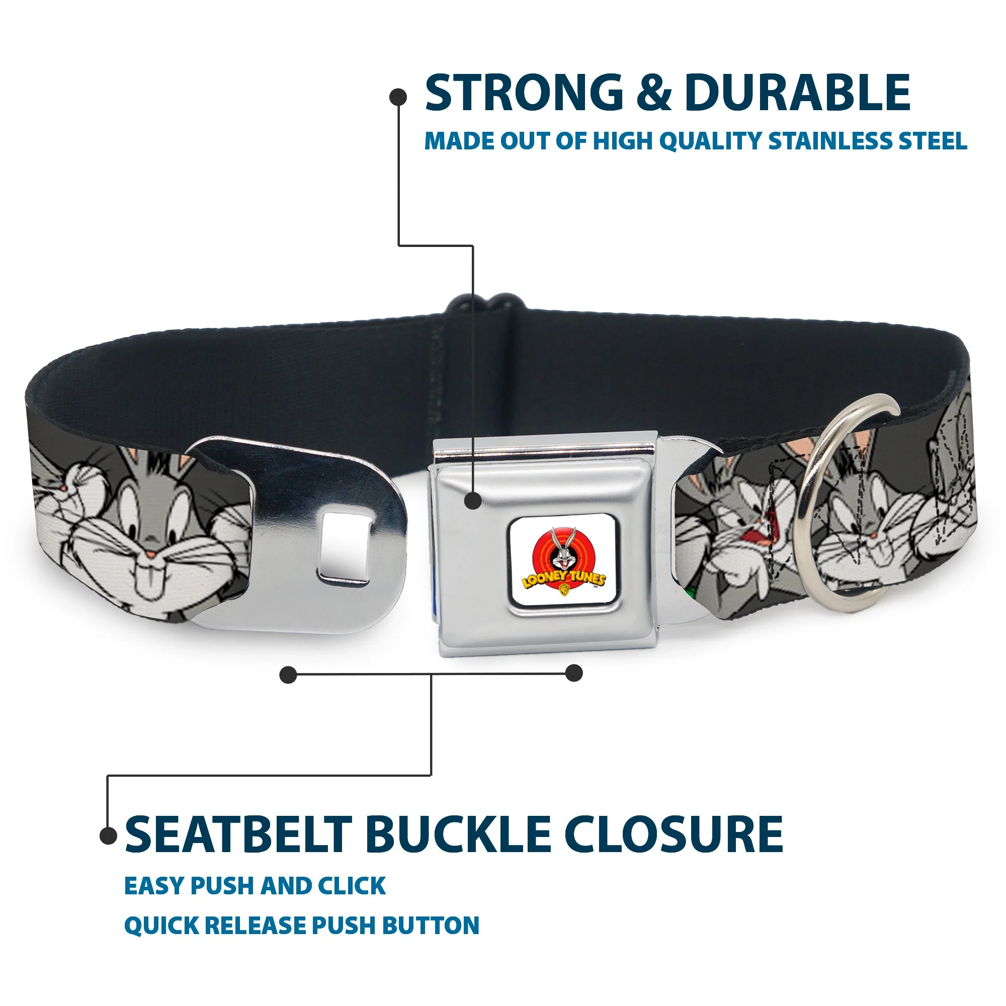 Looney Tunes Logo Full Color White Seatbelt Buckle Collar - Bugs Bunny CLOSE-UP Poses Charcoal - Image 4