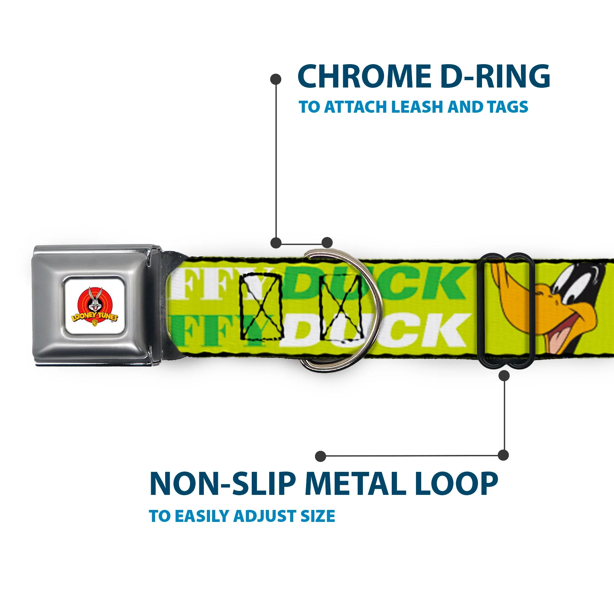 Looney Tunes Logo Full Color White Seatbelt Buckle Collar - DAFFY DUCK w/Face CLOSE-UP Greens - Image 5