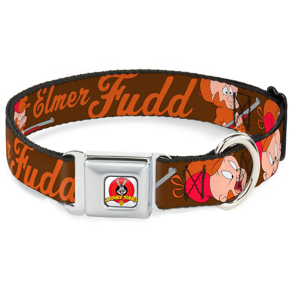 Looney Tunes Logo Full Color White Seatbelt Buckle Collar - ELMER FUDD w/Poses Browns