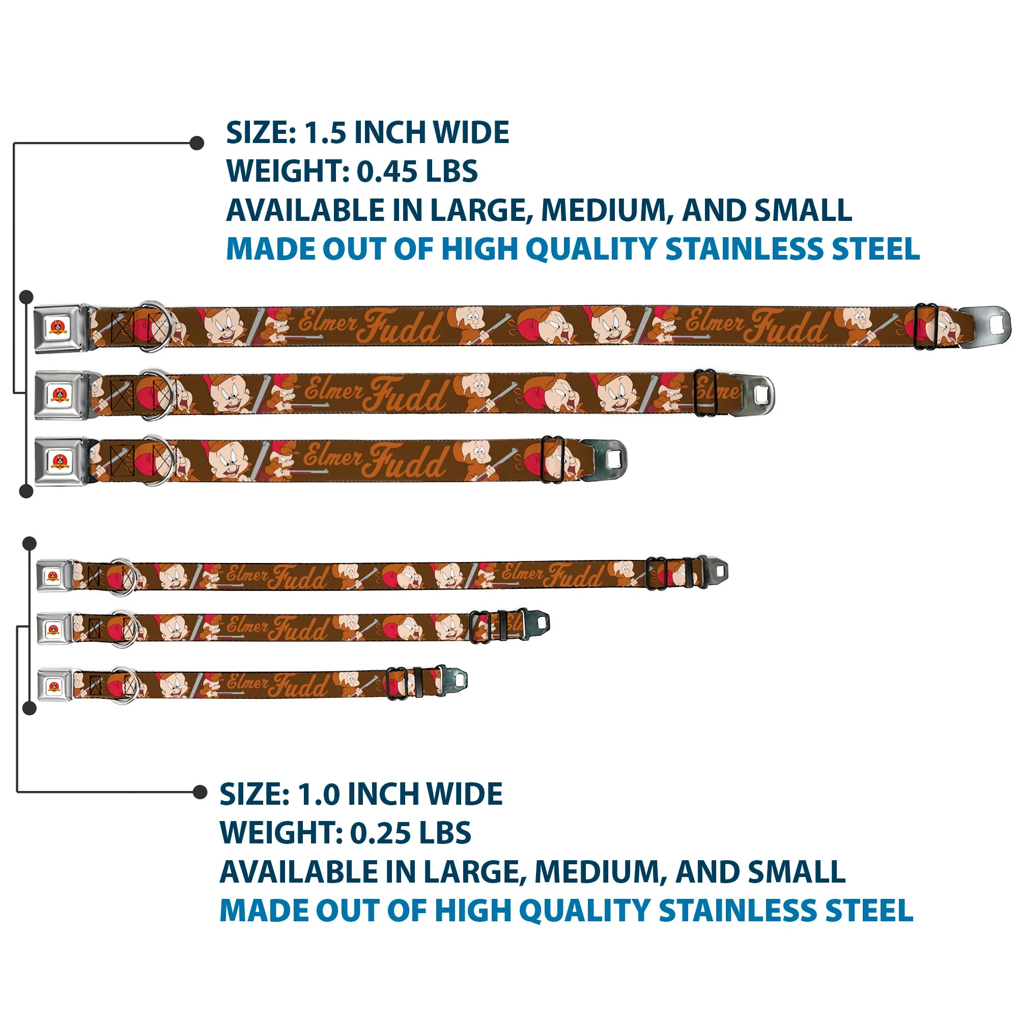 Looney Tunes Logo Full Color White Seatbelt Buckle Collar - ELMER FUDD w/Poses Browns - Image 3