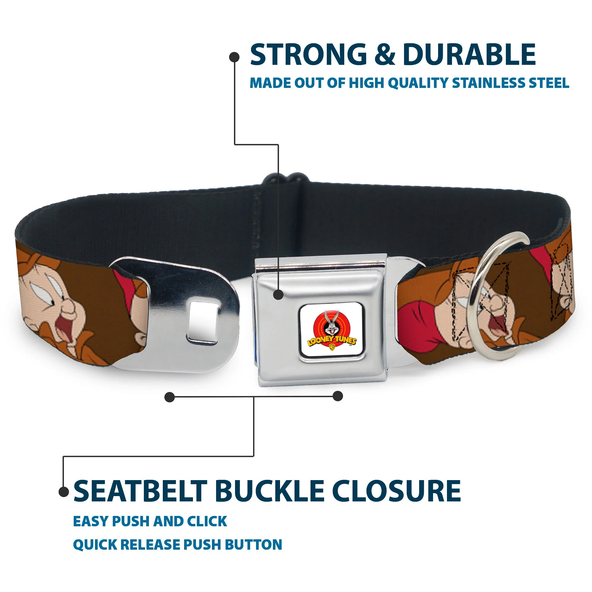 Looney Tunes Logo Full Color White Seatbelt Buckle Collar - ELMER FUDD w/Poses Browns - Image 4