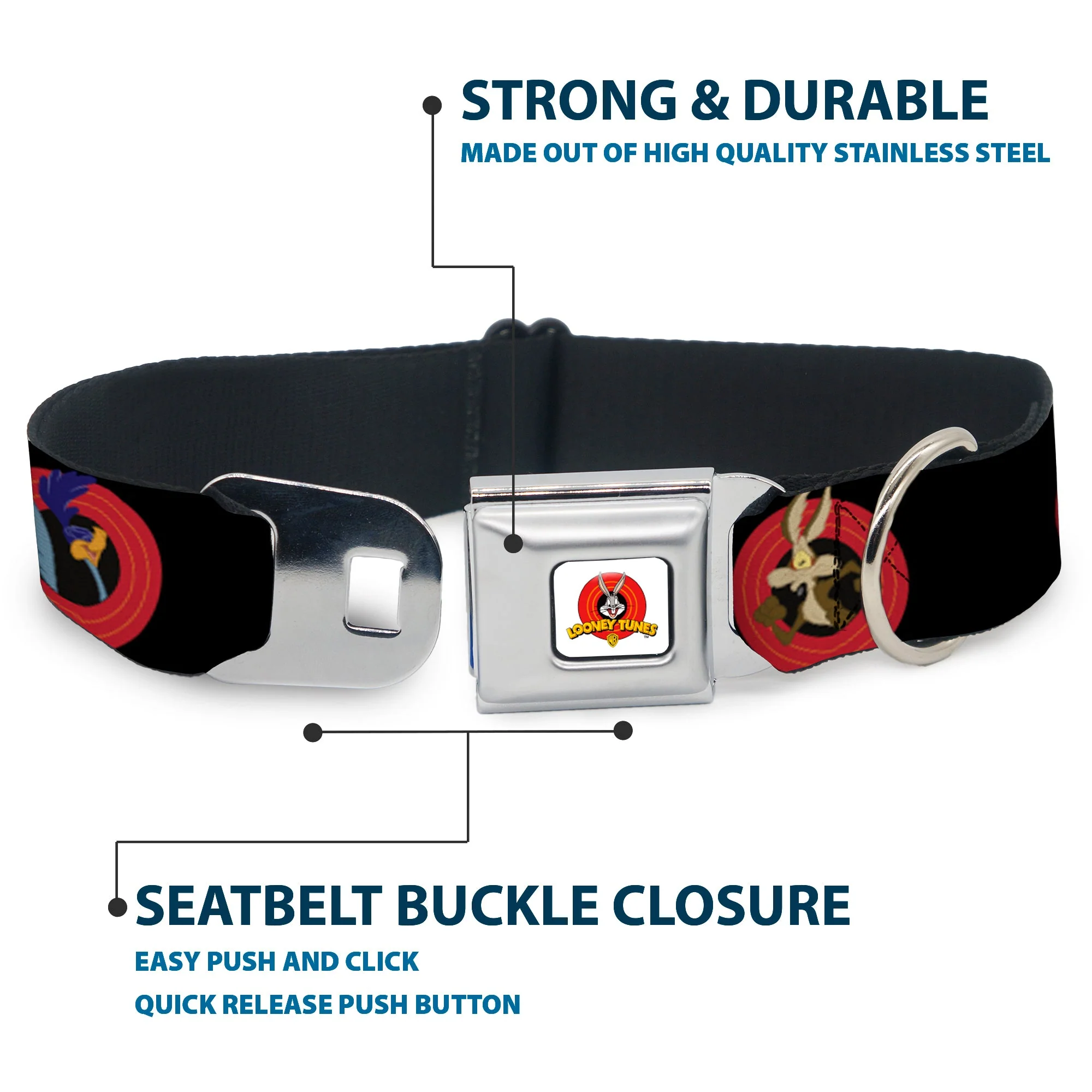 Looney Tunes Logo Full Color White Seatbelt Buckle Collar - Looney Tunes Characters Bullseye Pose Black - Image 4