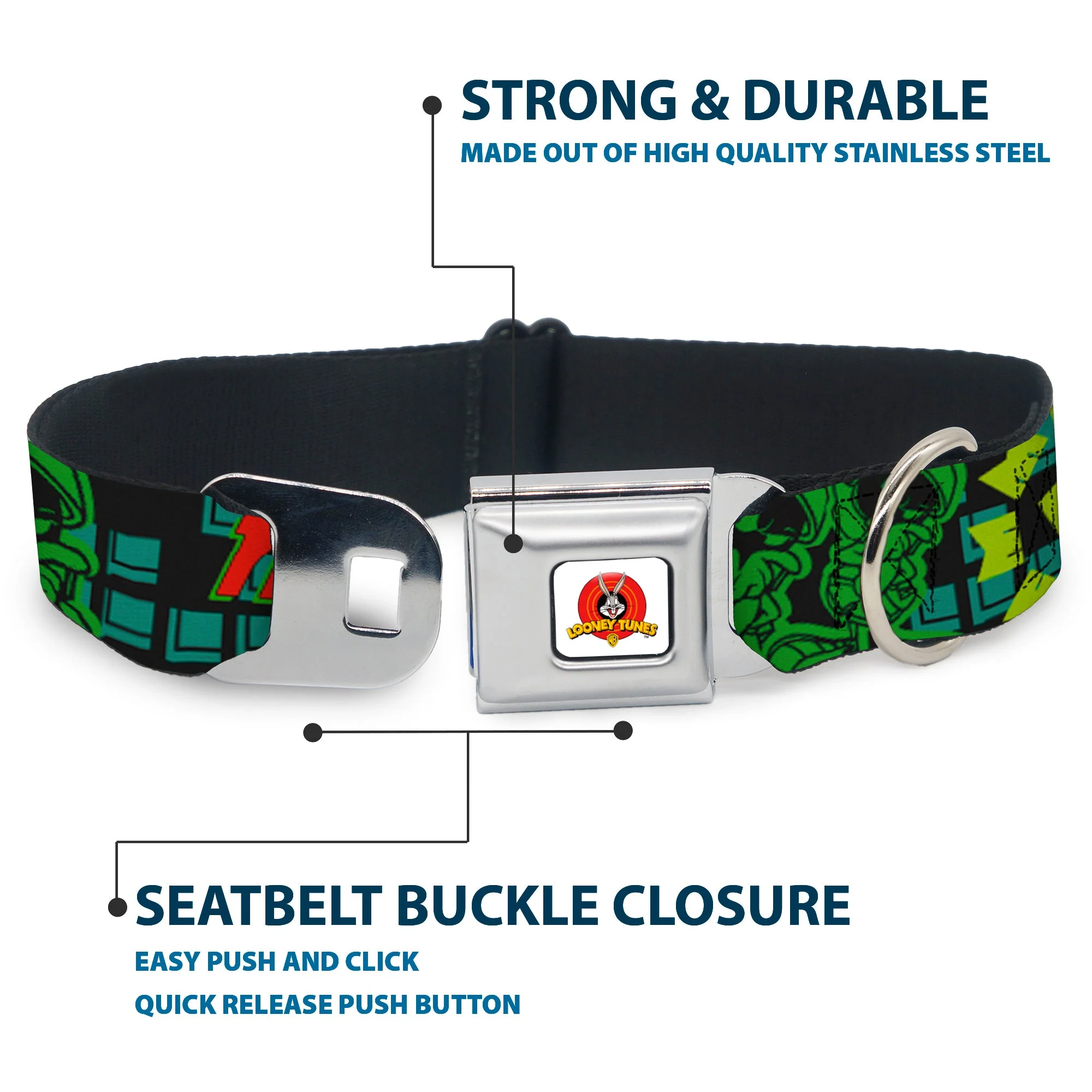 Looney Tunes Logo Full Color White Seatbelt Buckle Collar - MARVIN THE MARTIAN w/Poses Black/Turquoise - Image 4