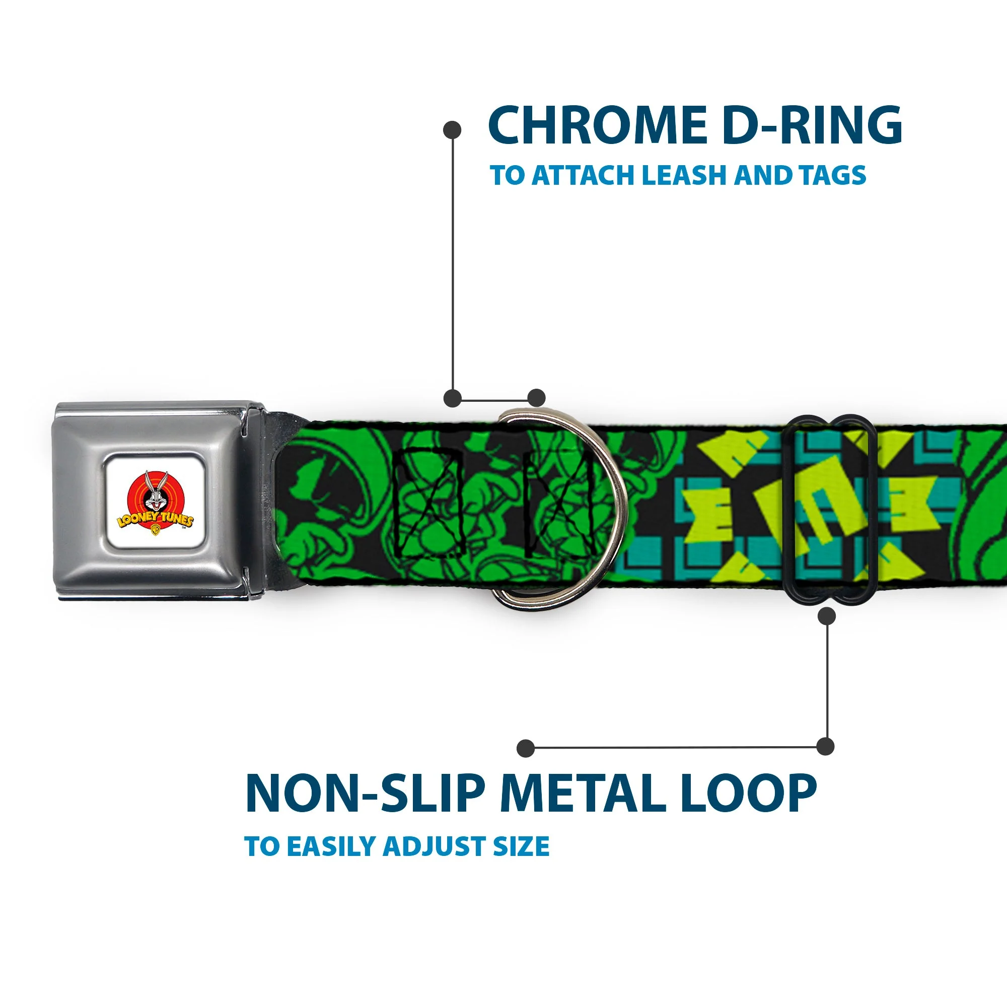 Looney Tunes Logo Full Color White Seatbelt Buckle Collar - MARVIN THE MARTIAN w/Poses Black/Turquoise - Image 5