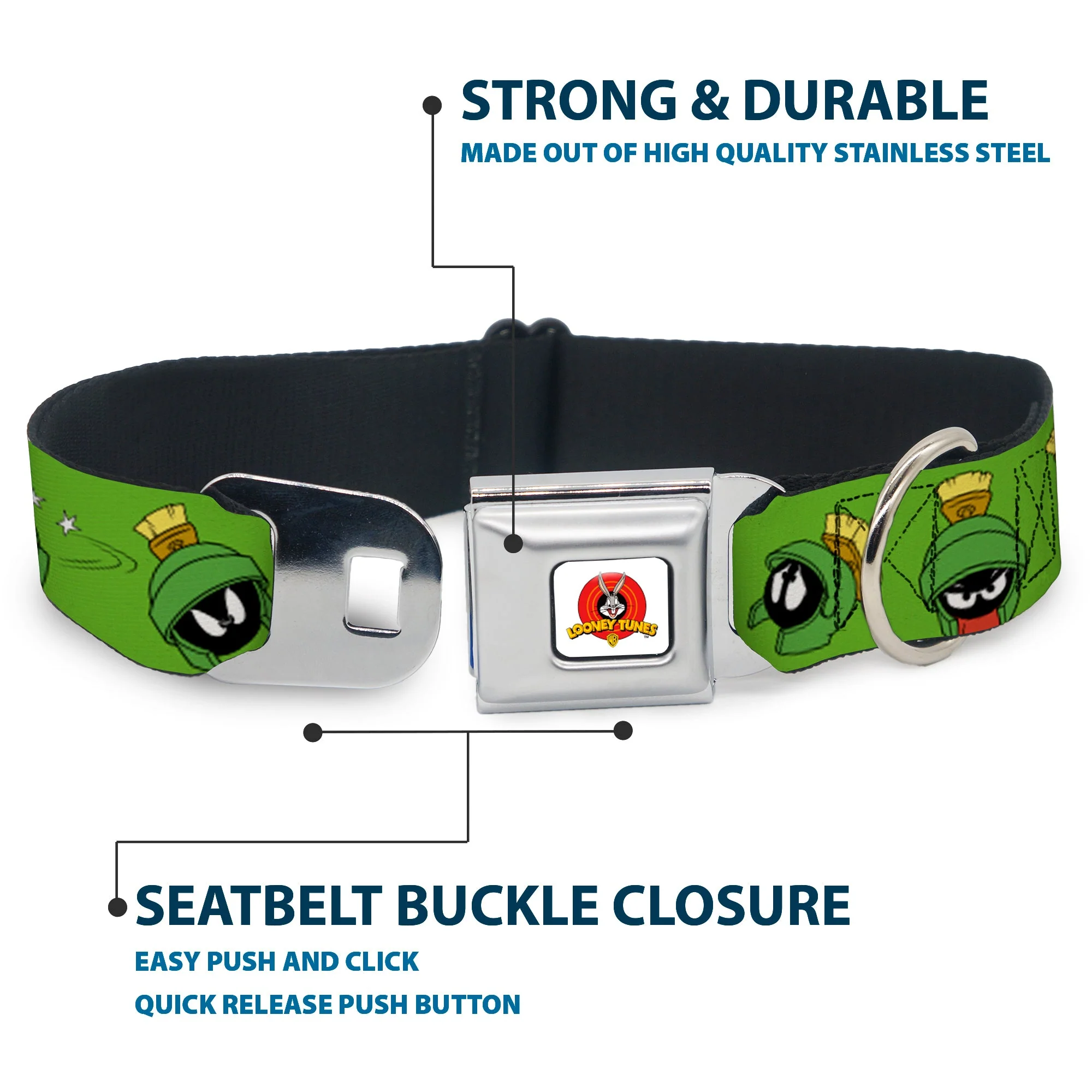 Looney Tunes Logo Full Color White Seatbelt Buckle Collar - MARVIN THE MARTIAN w/Poses/Expressions Green - Image 4