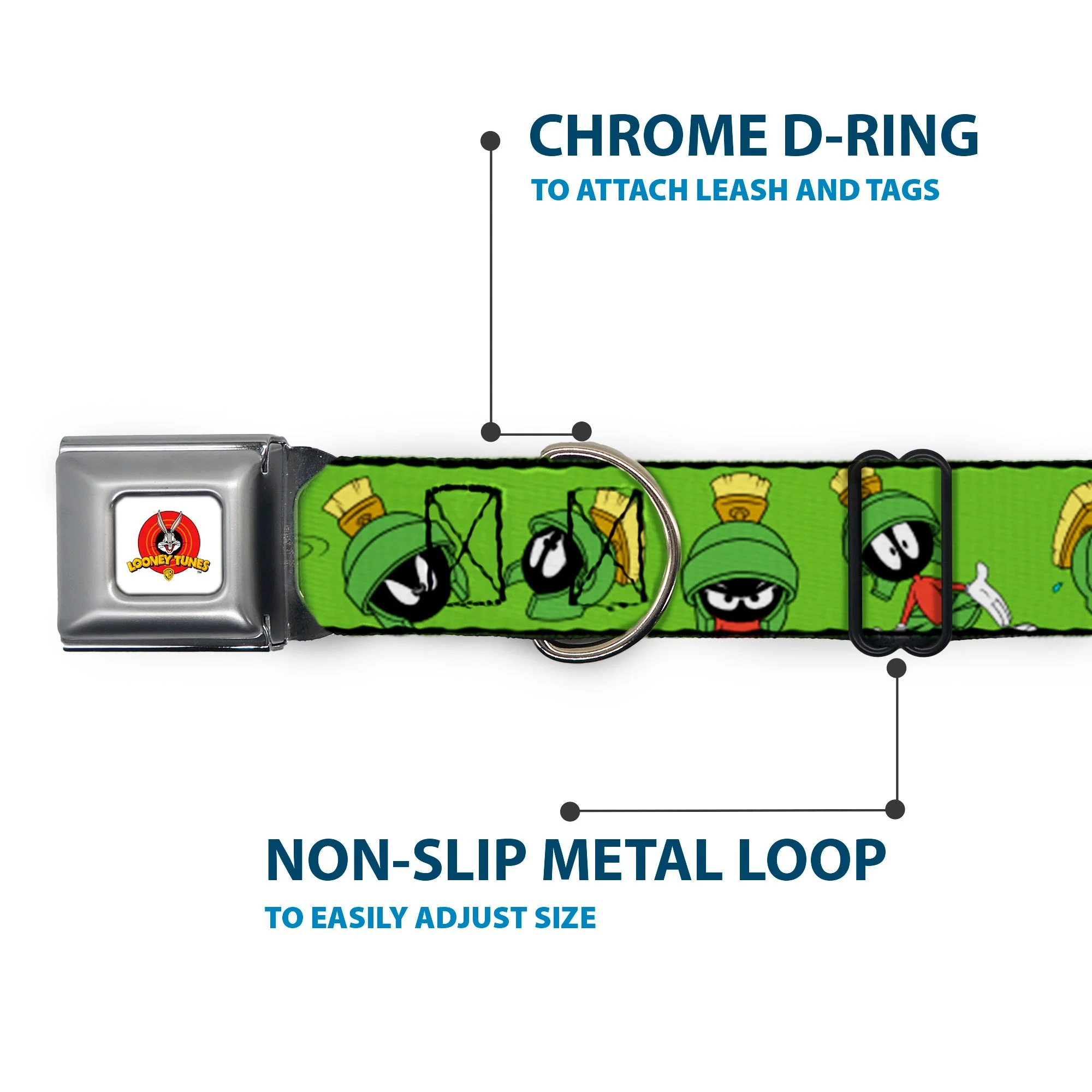 Looney Tunes Logo Full Color White Seatbelt Buckle Collar - MARVIN THE MARTIAN w/Poses/Expressions Green - Image 5
