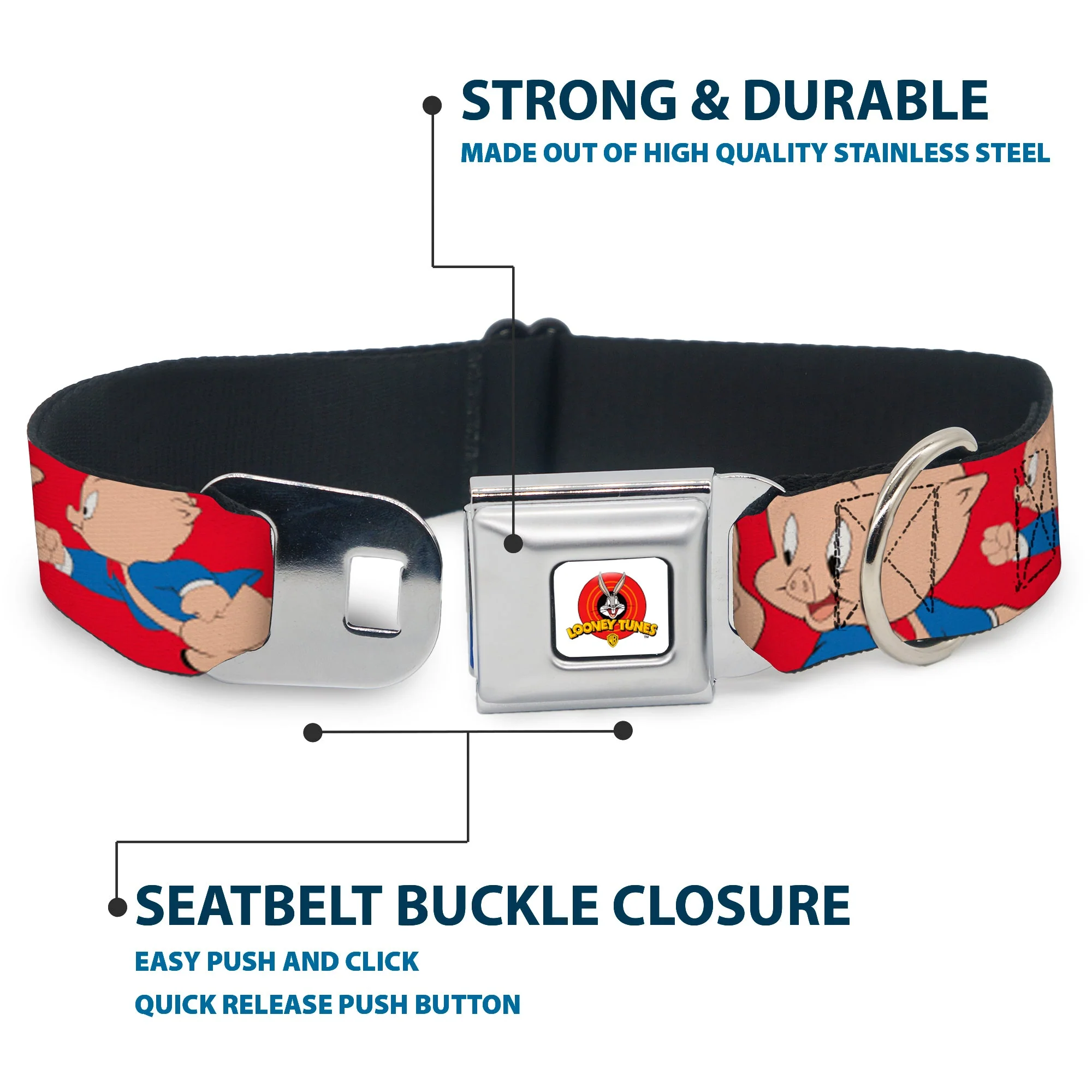 Looney Tunes Logo Full Color White Seatbelt Buckle Collar - Porky Pig Expressions Red - Image 4