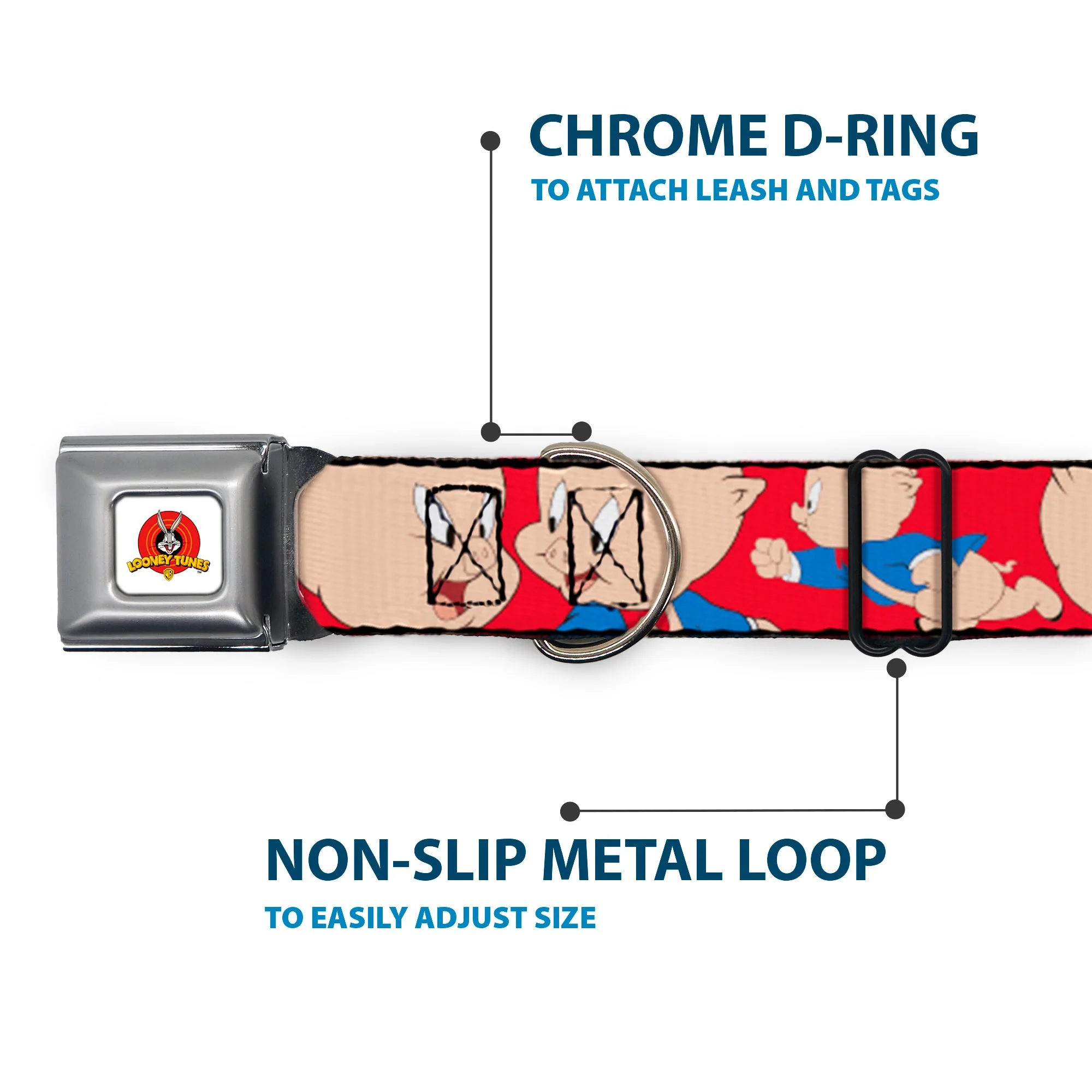 Looney Tunes Logo Full Color White Seatbelt Buckle Collar - Porky Pig Expressions Red - Image 5