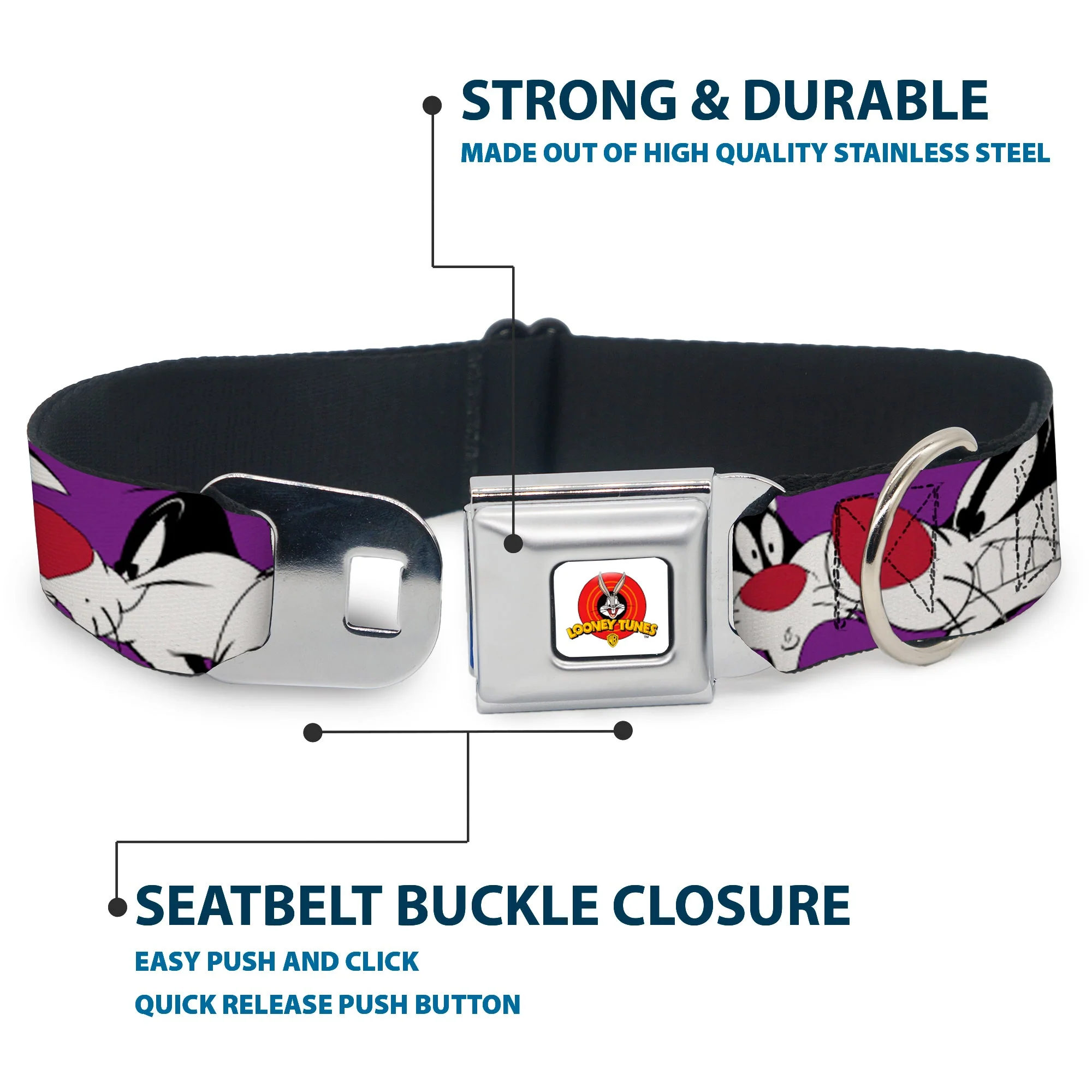 Looney Tunes Logo Full Color White Seatbelt Buckle Collar - Sylvester the Cat Expressions Purple - Image 4