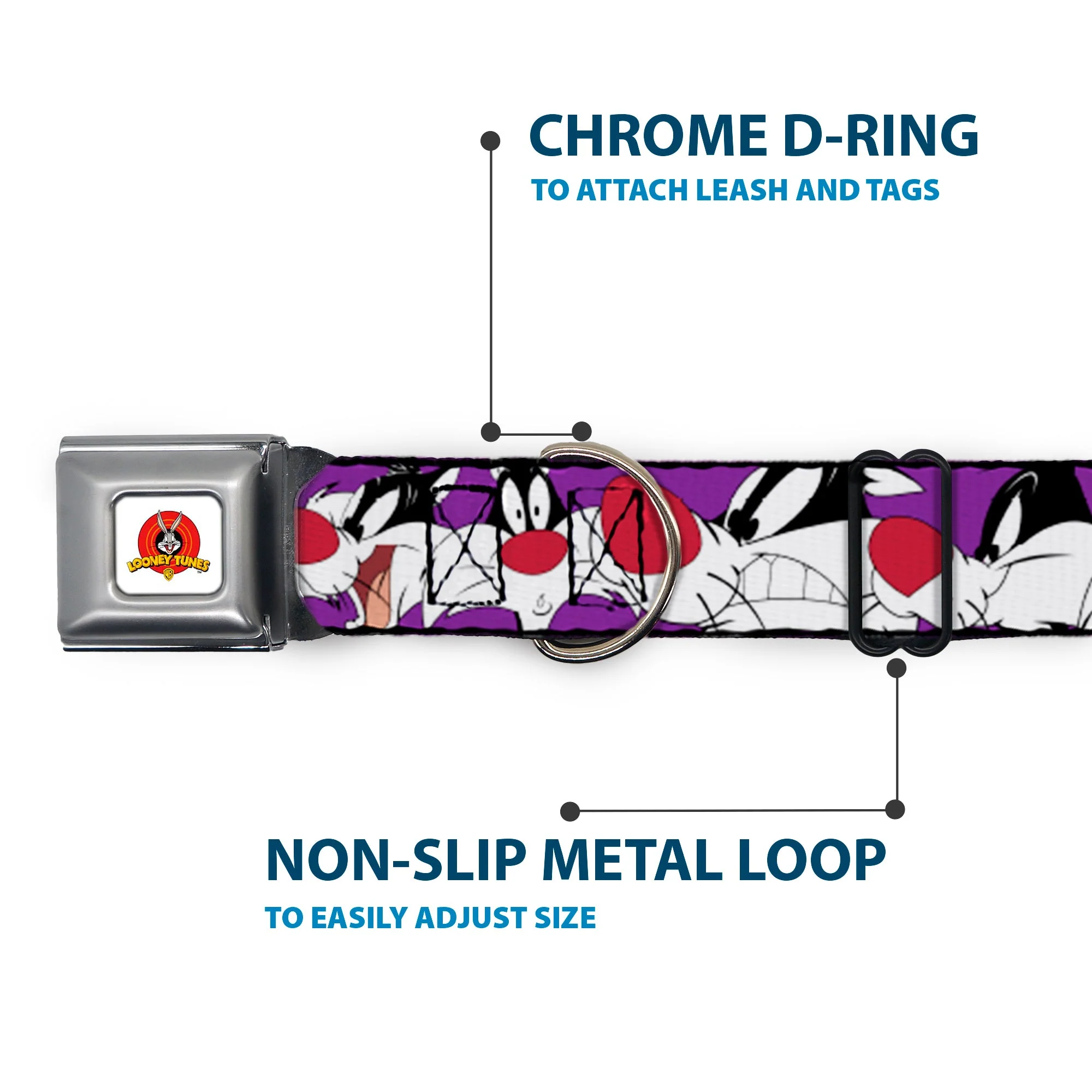 Looney Tunes Logo Full Color White Seatbelt Buckle Collar - Sylvester the Cat Expressions Purple - Image 5