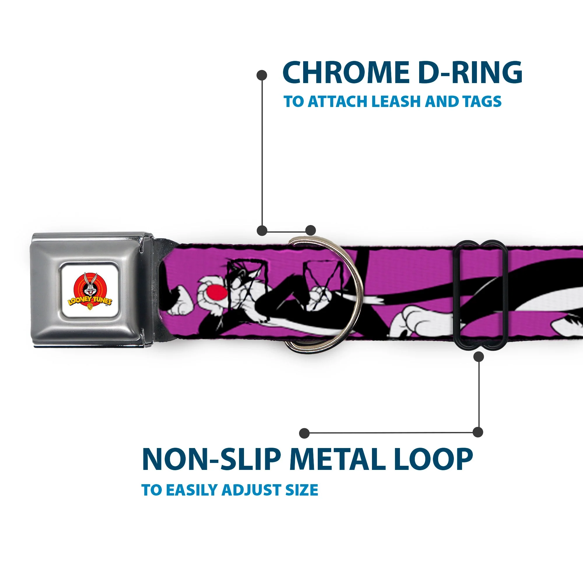 Looney Tunes Logo Full Color White Seatbelt Buckle Collar - Sylvester the Cat Poses Purple - Image 5