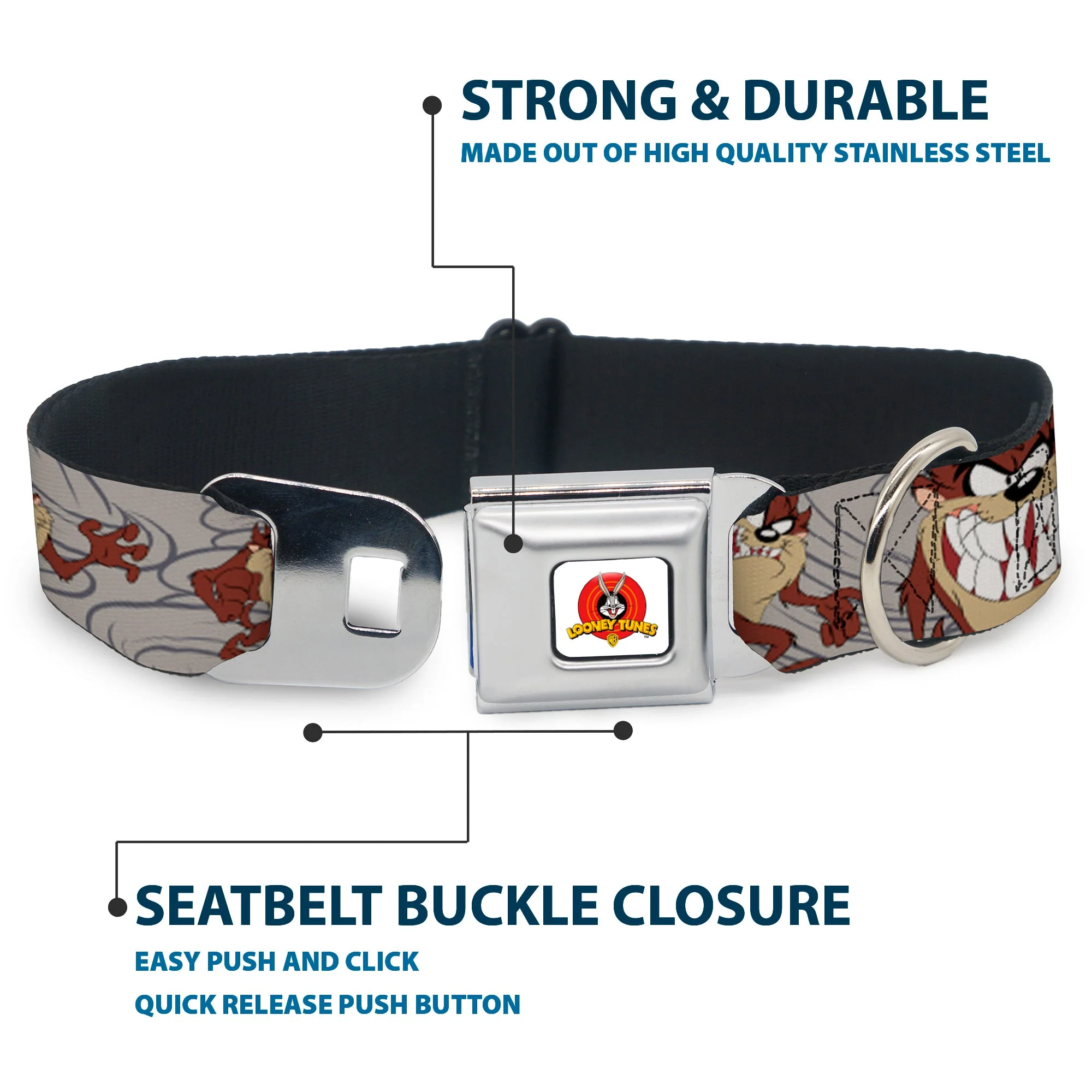 Looney Tunes Logo Full Color White Seatbelt Buckle Collar - Tasmanian Devil Expressions Gray Swirl - Image 4