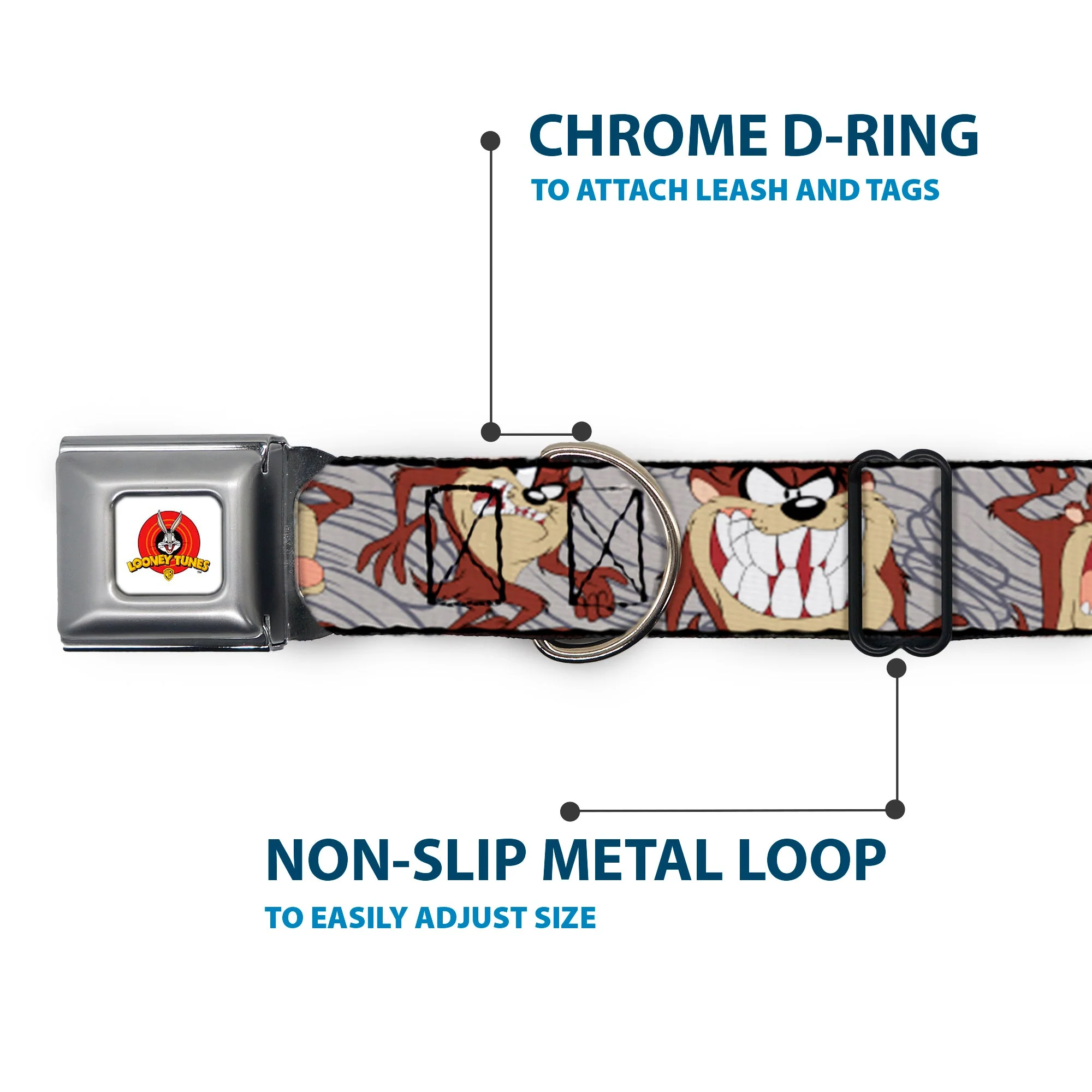 Looney Tunes Logo Full Color White Seatbelt Buckle Collar - Tasmanian Devil Expressions Gray Swirl - Image 5