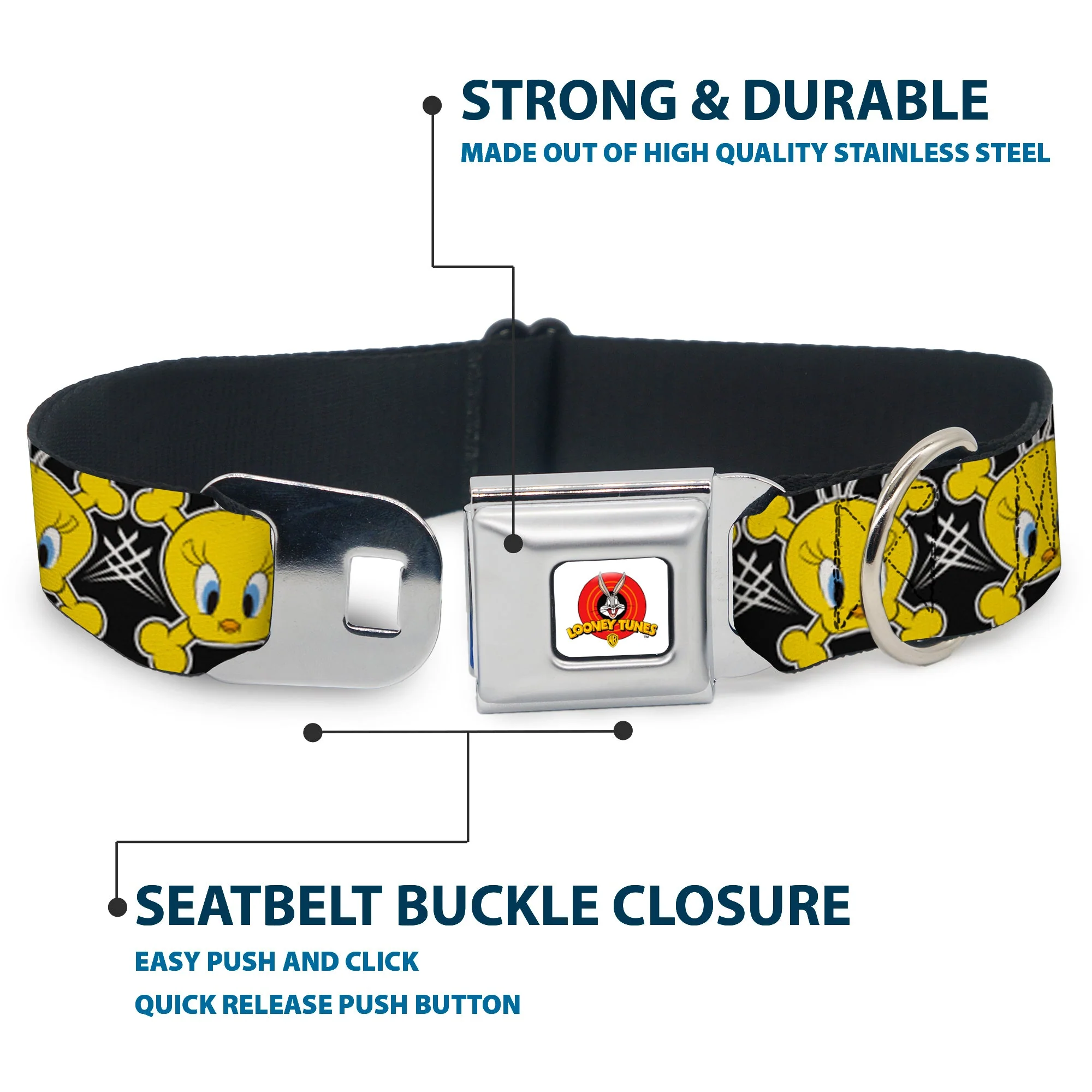 Looney Tunes Logo Full Color White Seatbelt Buckle Collar - Tweety Bird & Crossbones Black/White/Yellow - Image 4