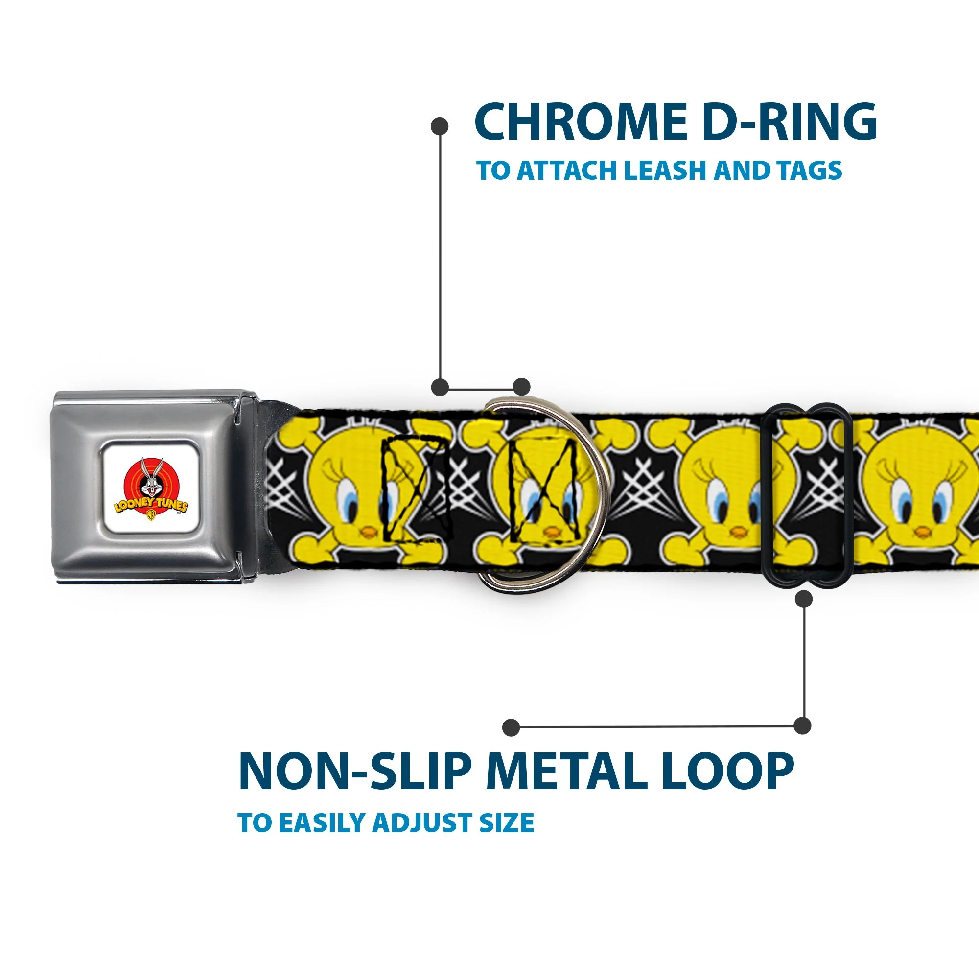 Looney Tunes Logo Full Color White Seatbelt Buckle Collar - Tweety Bird & Crossbones Black/White/Yellow - Image 5