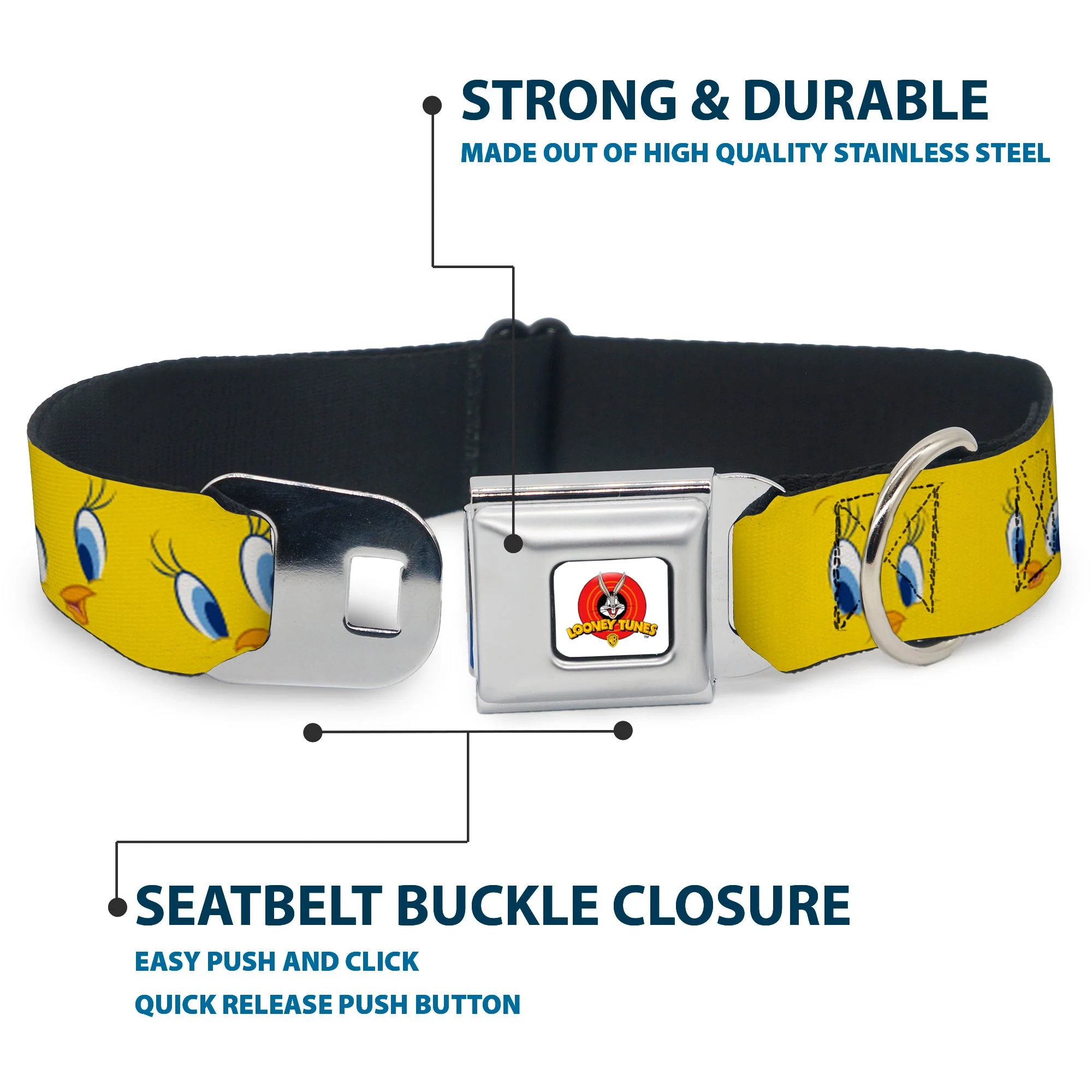 Looney Tunes Logo Full Color White Seatbelt Buckle Collar - Tweety Bird Expressions2 - Image 4