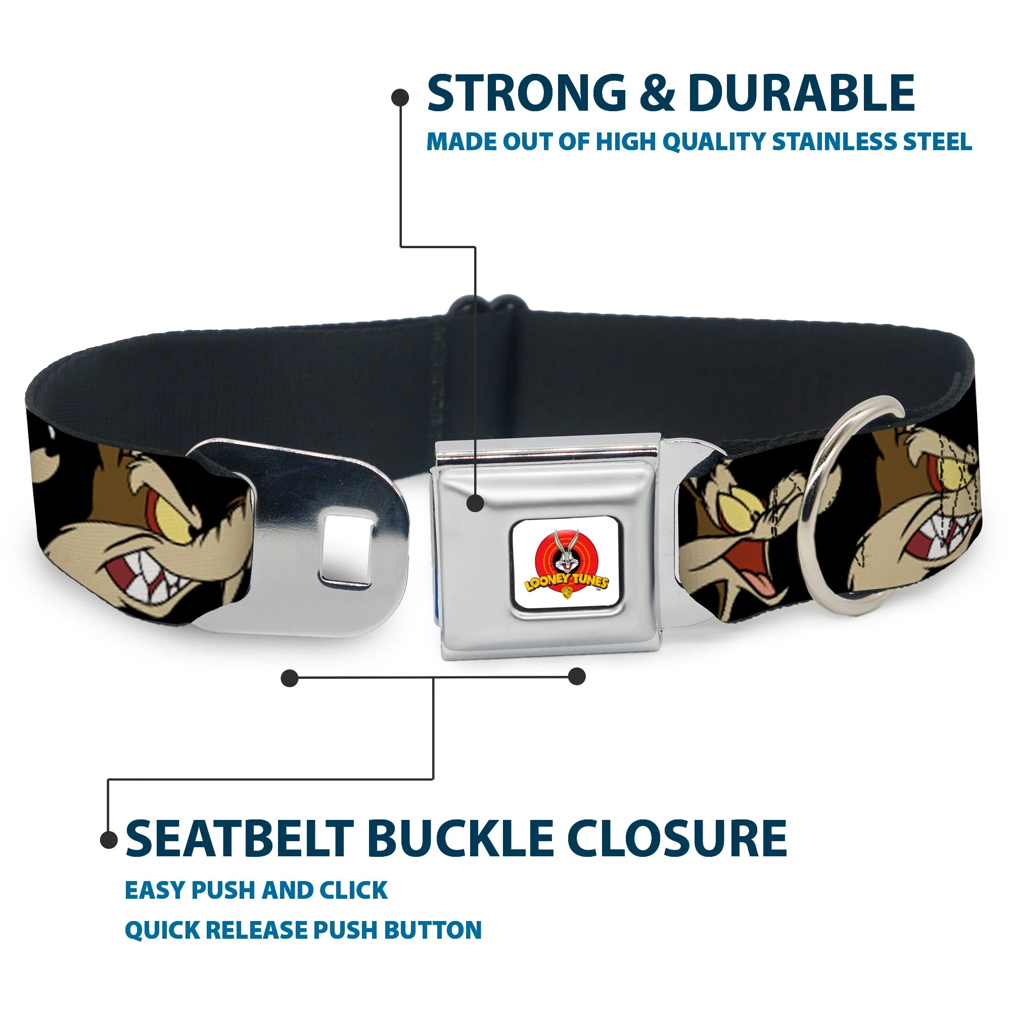 Looney Tunes Logo Full Color White Seatbelt Buckle Collar - Wile E. Coyote Expressions Black - Image 4