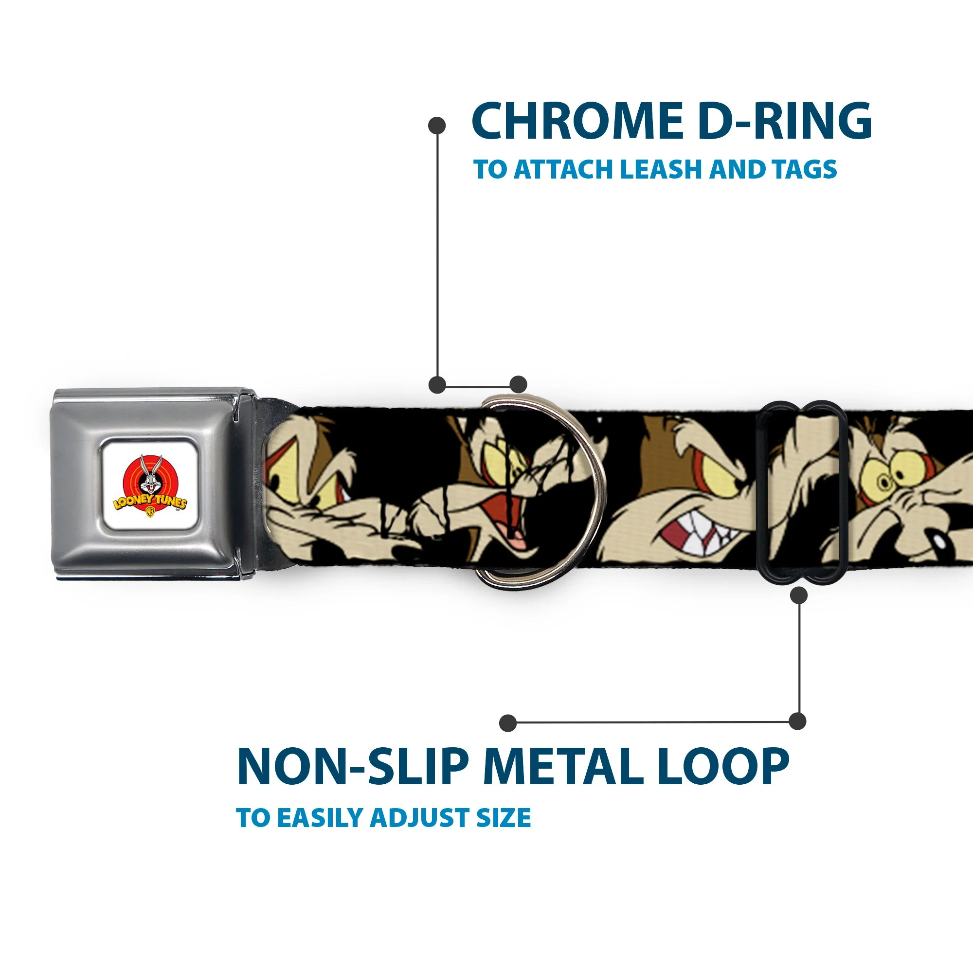 Looney Tunes Logo Full Color White Seatbelt Buckle Collar - Wile E. Coyote Expressions Black - Image 5