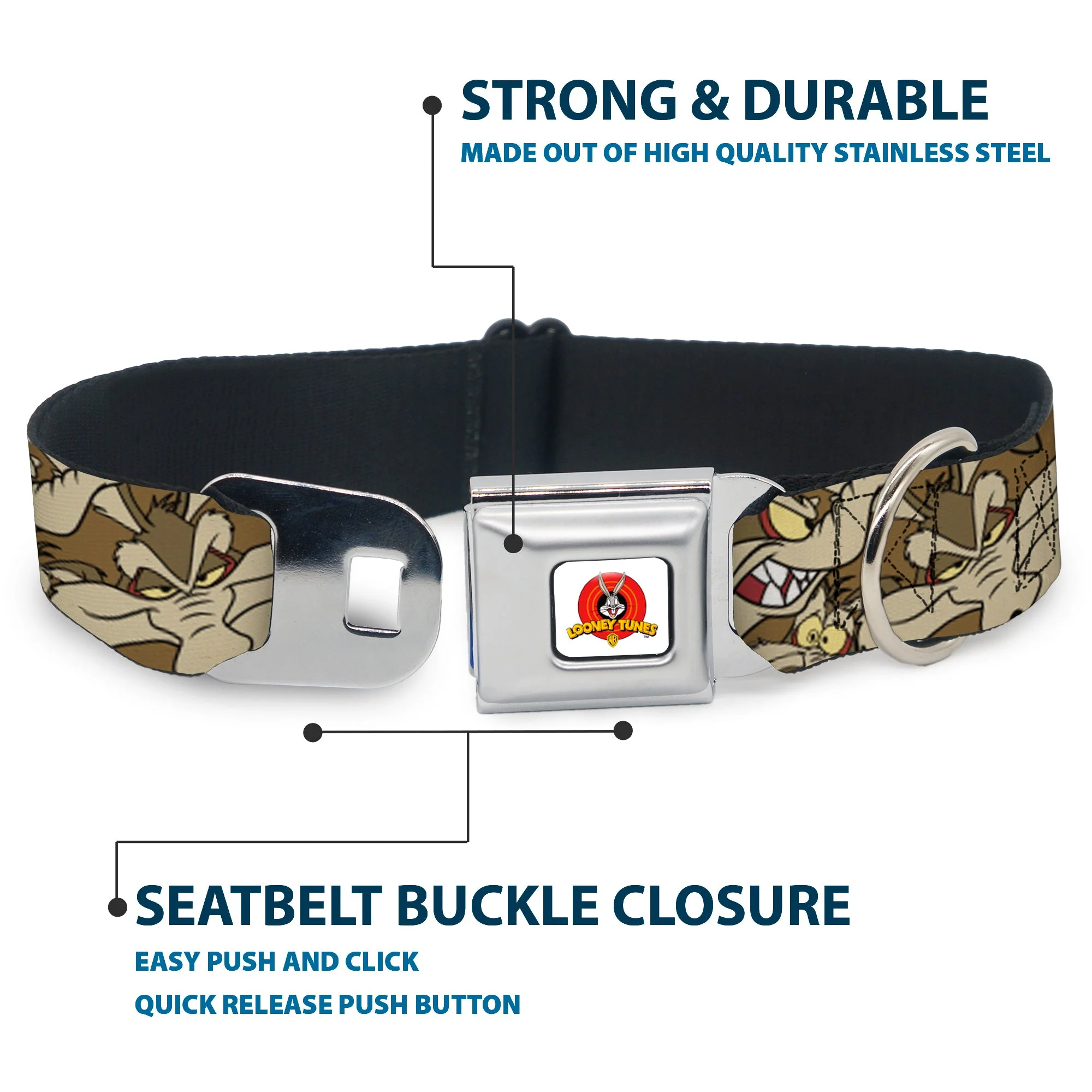 Looney Tunes Logo Full Color White Seatbelt Buckle Collar - Wile E. Coyote Expressions Stacked - Image 4
