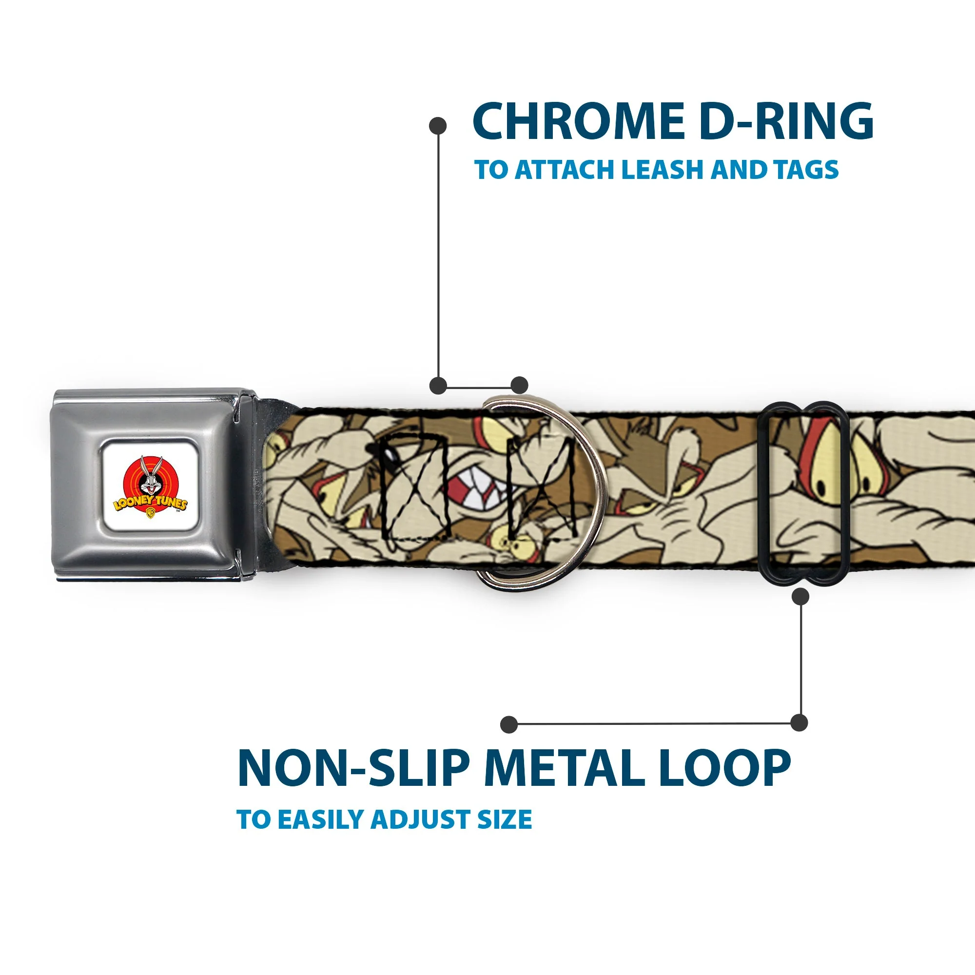 Looney Tunes Logo Full Color White Seatbelt Buckle Collar - Wile E. Coyote Expressions Stacked - Image 5