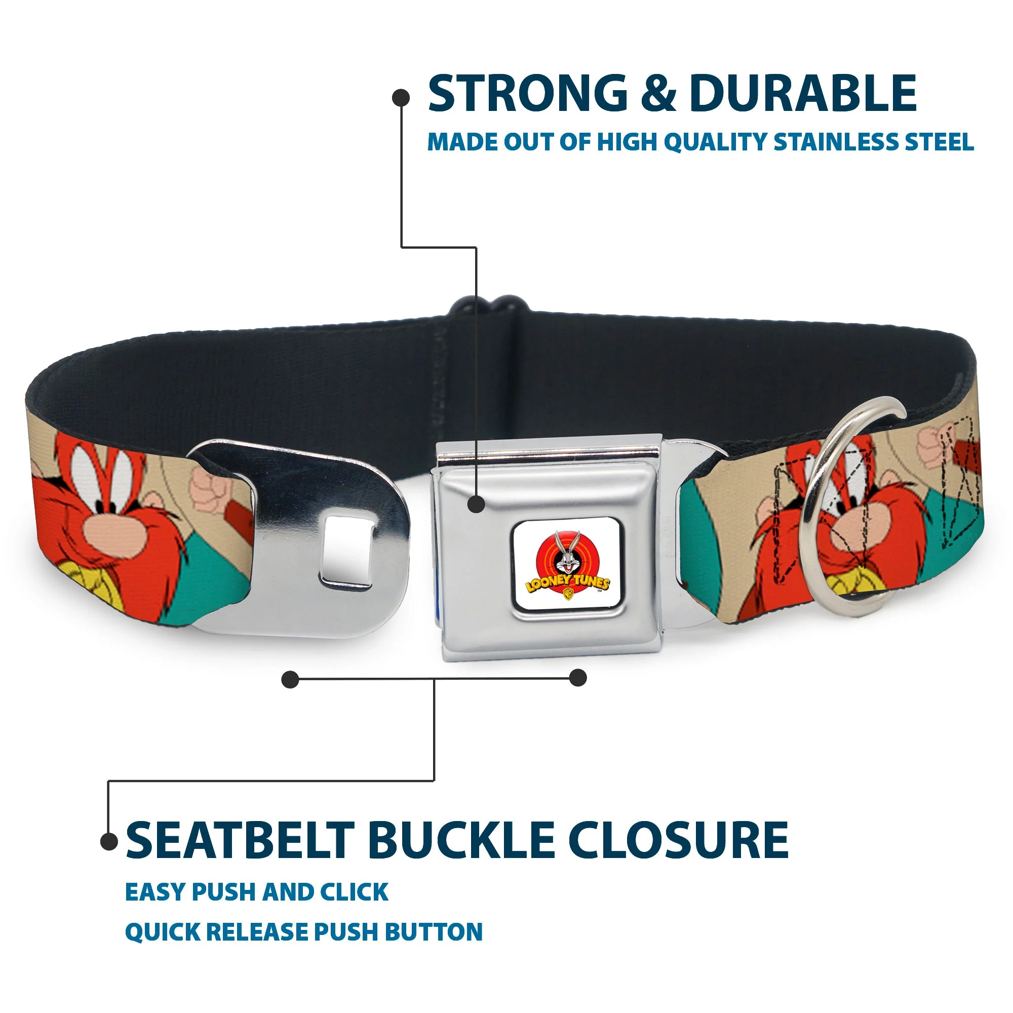 Looney Tunes Logo Full Color White Seatbelt Buckle Collar - Yosemite Sam Poses Turquoise - Image 4