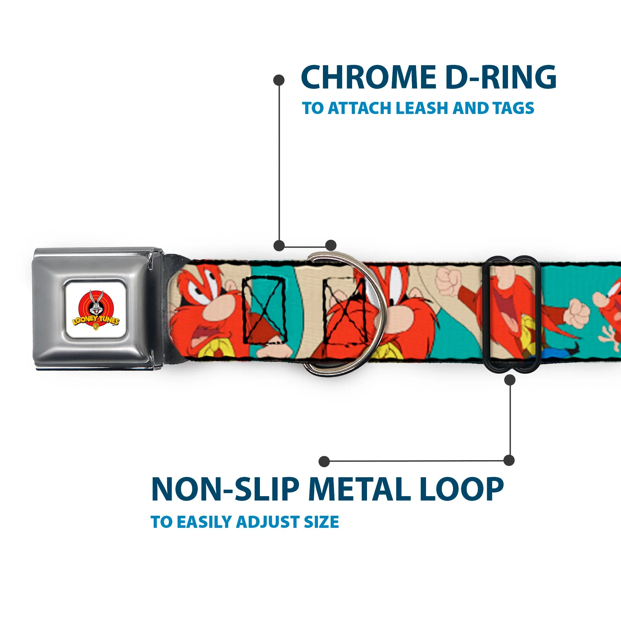 Looney Tunes Logo Full Color White Seatbelt Buckle Collar - Yosemite Sam Poses Turquoise - Image 5
