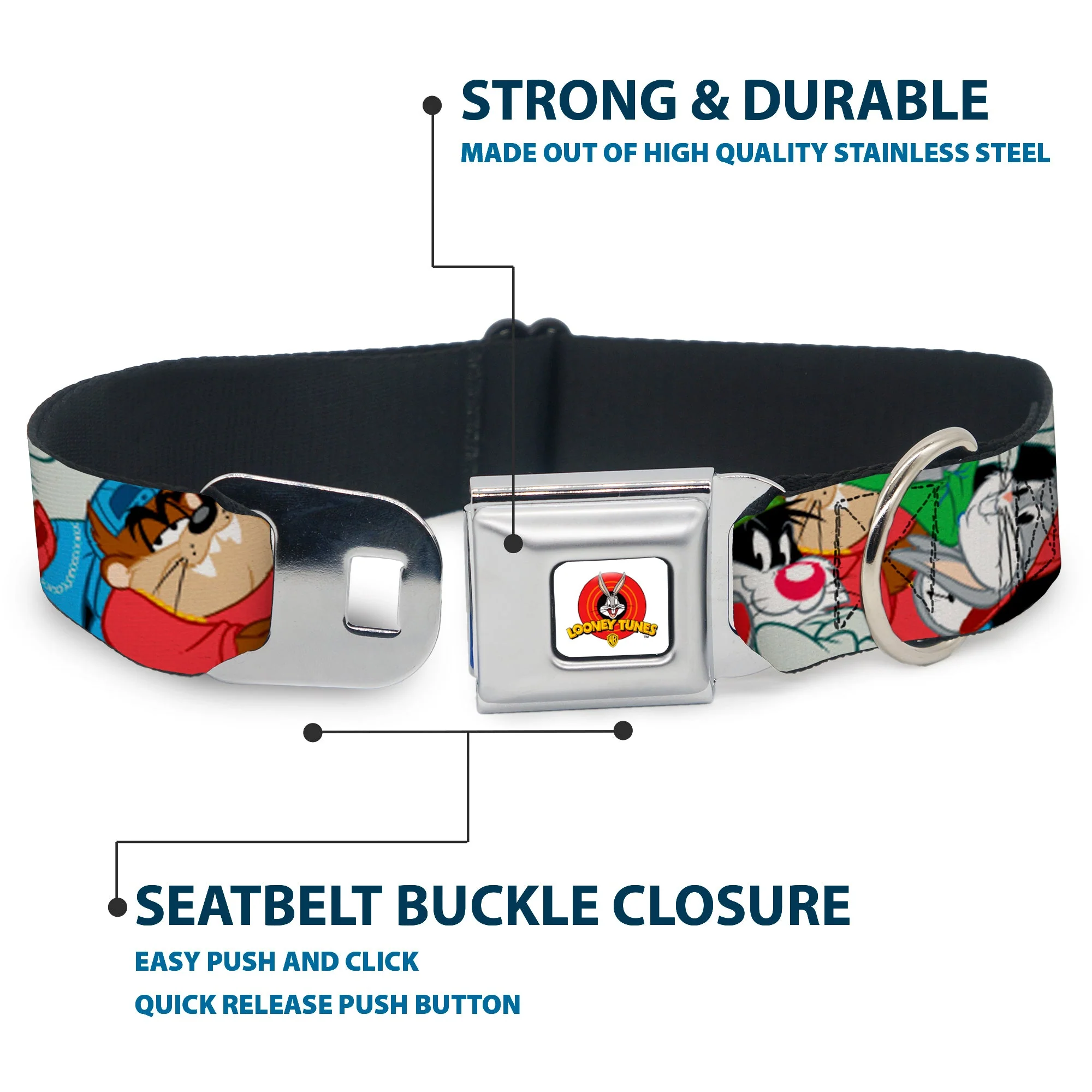 Looney Tunes Logo White Seatbelt Buckle Collar - Looney Tunes 3-B-Boy Stance Character Poses Stacked - Image 4