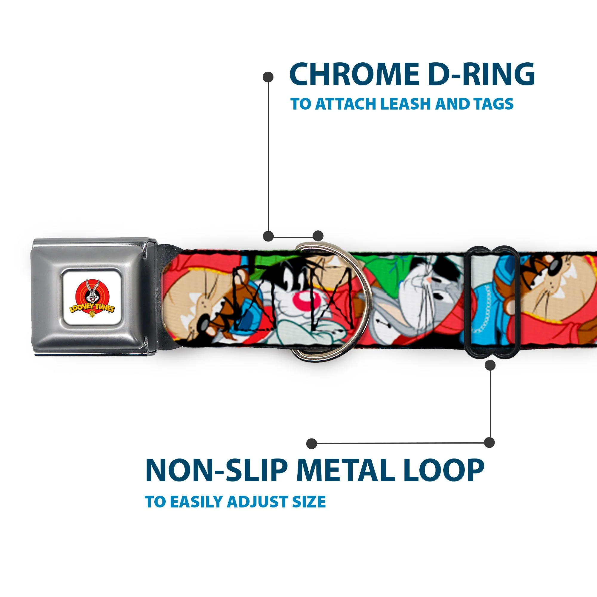 Looney Tunes Logo White Seatbelt Buckle Collar - Looney Tunes 3-B-Boy Stance Character Poses Stacked - Image 5