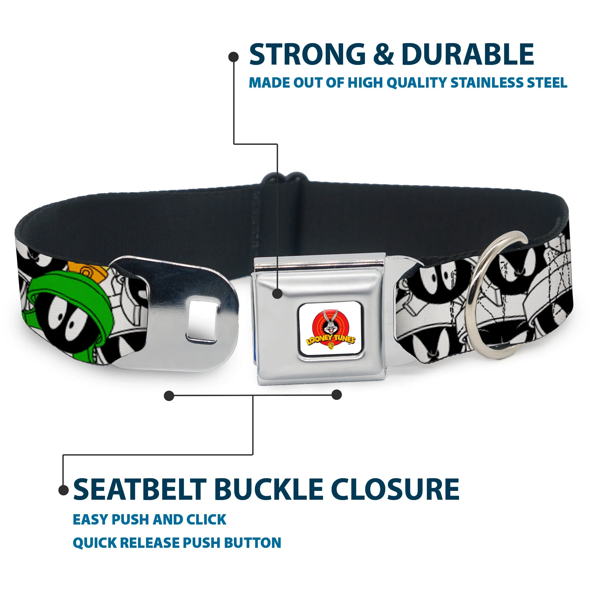 Looney Tunes Logo White Seatbelt Buckle Collar - Marvin the Martian Expressions Stacked White/Black/Green/Gold - Image 4