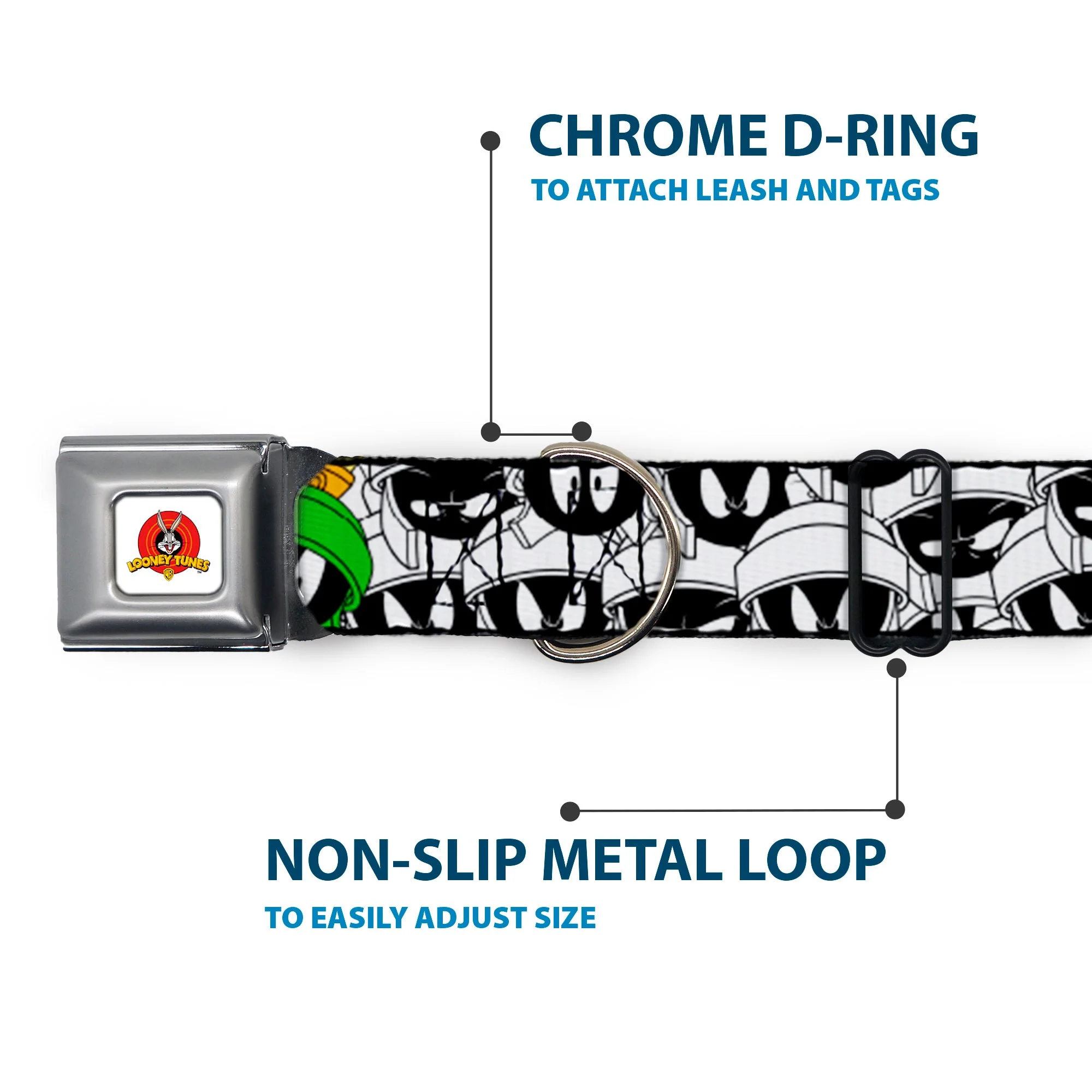 Looney Tunes Logo White Seatbelt Buckle Collar - Marvin the Martian Expressions Stacked White/Black/Green/Gold - Image 5
