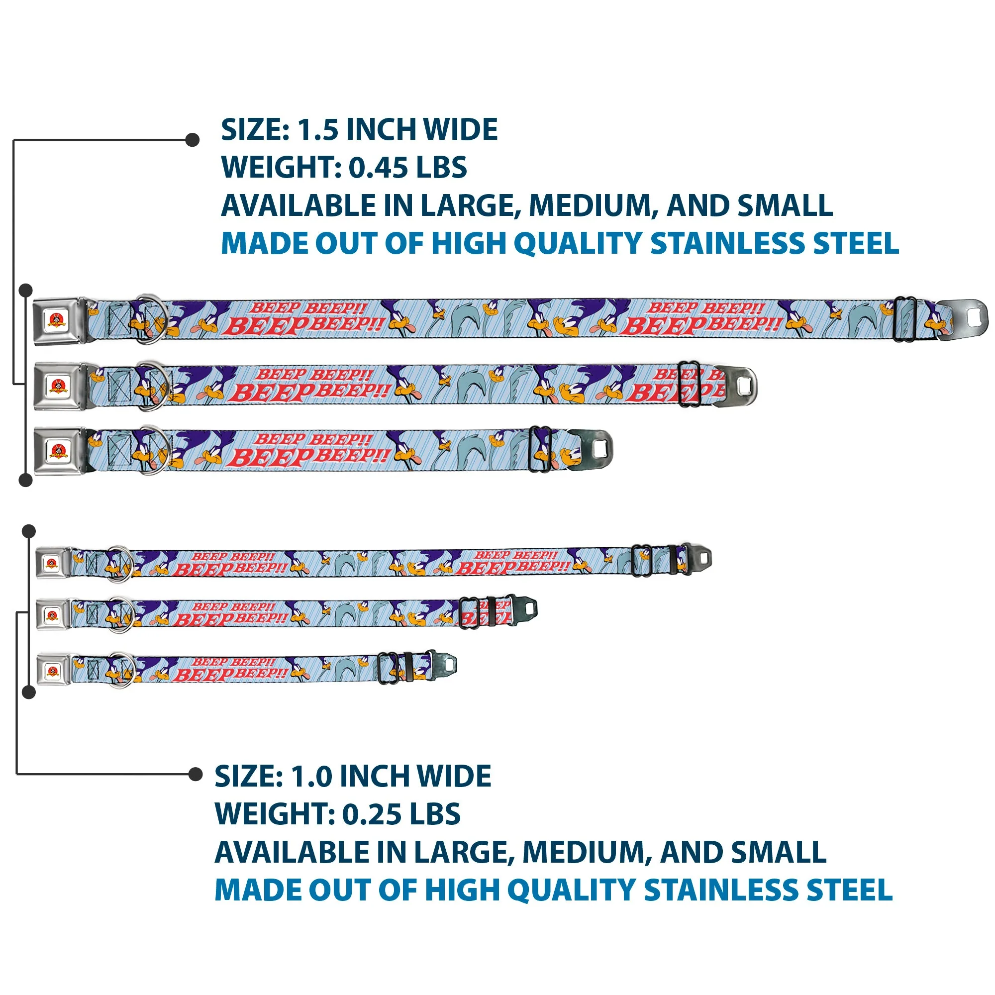 Looney Tunes Logo White Seatbelt Buckle Collar - MEEP MEEP!! w/Road Runner Poses Baby Blue - Image 3