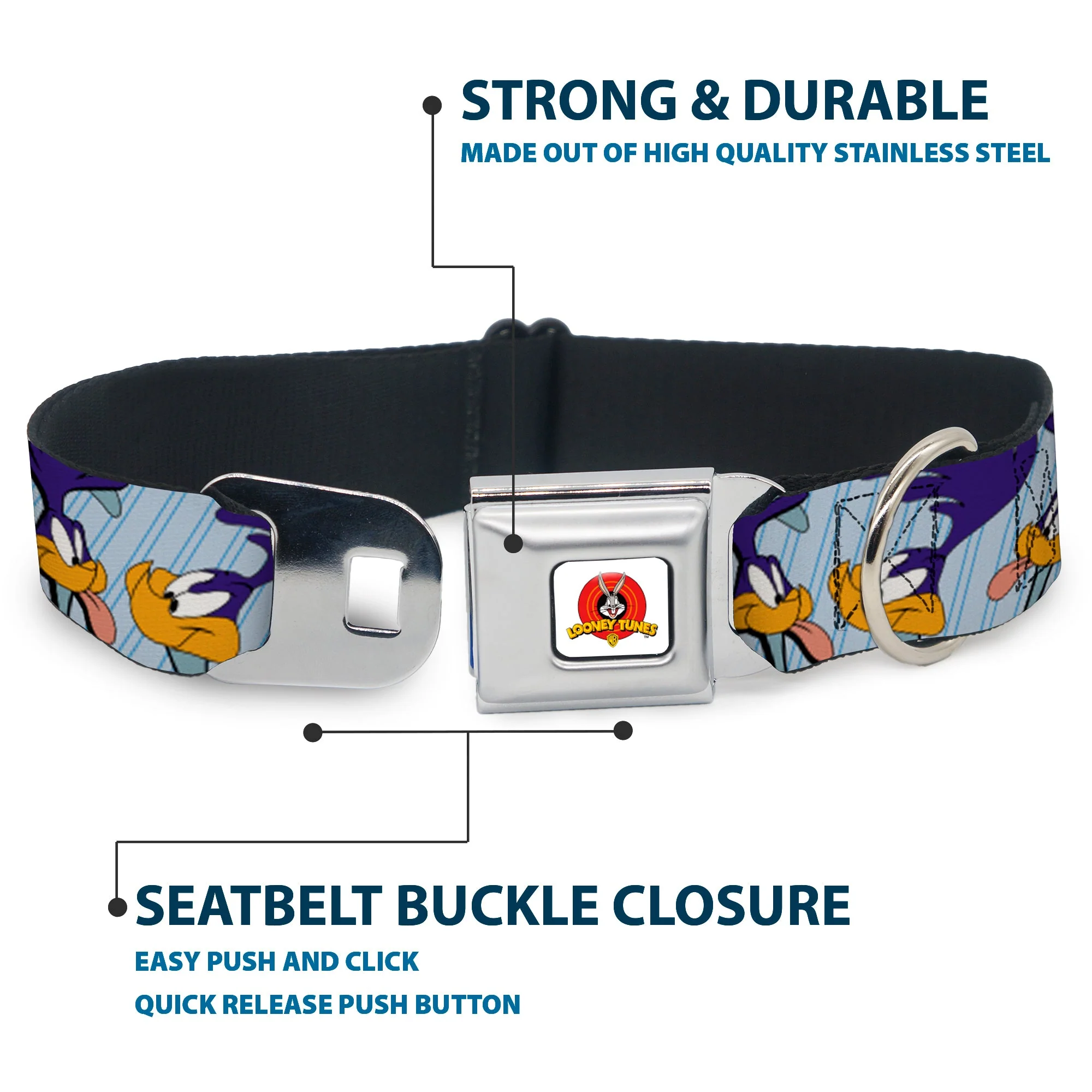 Looney Tunes Logo White Seatbelt Buckle Collar - MEEP MEEP!! w/Road Runner Poses Baby Blue - Image 4