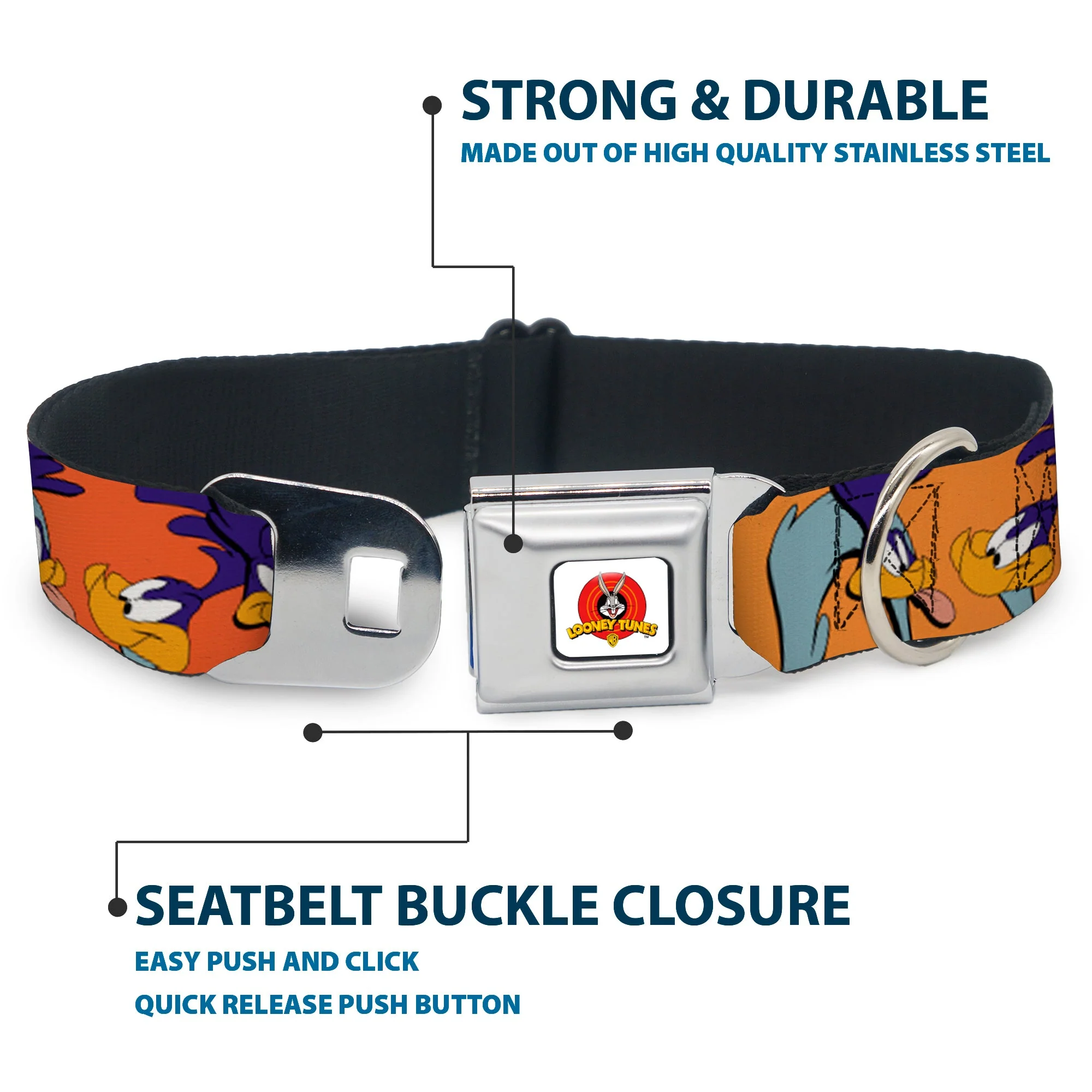 Looney Tunes Logo White Seatbelt Buckle Collar - ROAD RUNNER w/Road Runner Poses Orange - Image 4