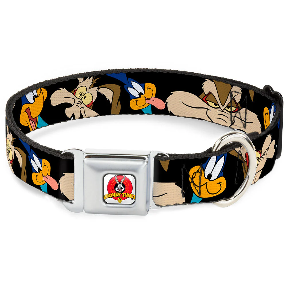 Looney Tunes Logo White Seatbelt Buckle Collar - Road Runner/Wile E. Coyote Expressions CLOSE-UP Black