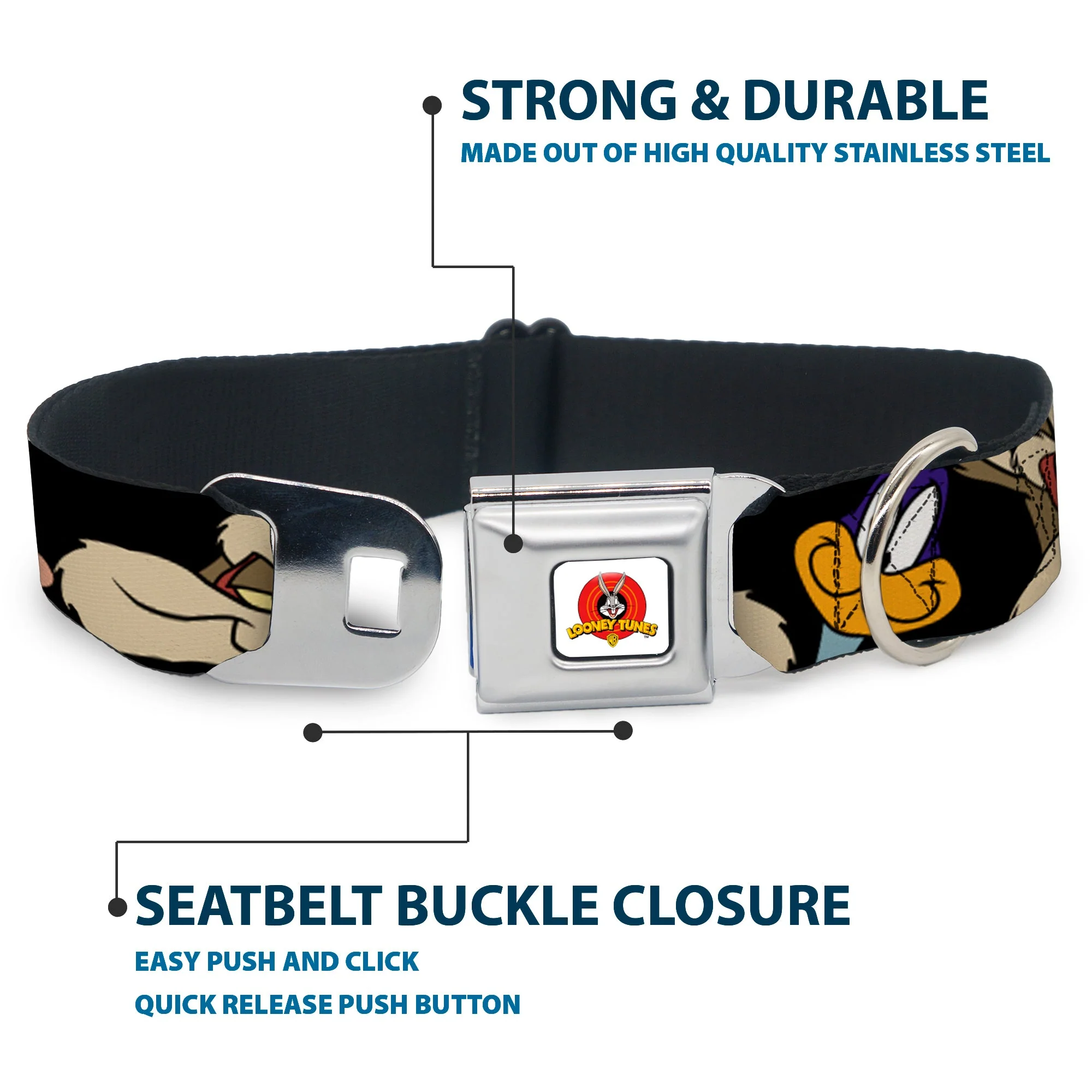 Looney Tunes Logo White Seatbelt Buckle Collar - Road Runner/Wile E. Coyote Expressions CLOSE-UP Black - Image 4