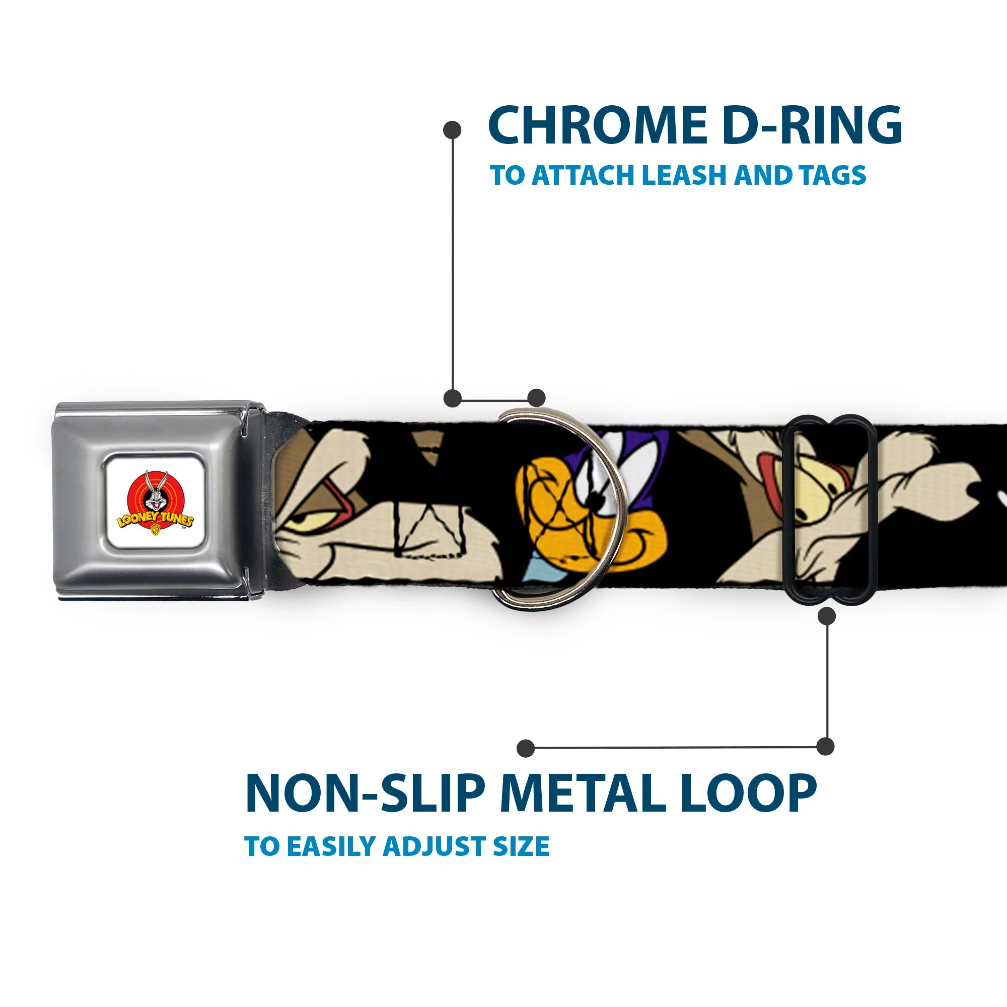 Looney Tunes Logo White Seatbelt Buckle Collar - Road Runner/Wile E. Coyote Expressions CLOSE-UP Black - Image 5