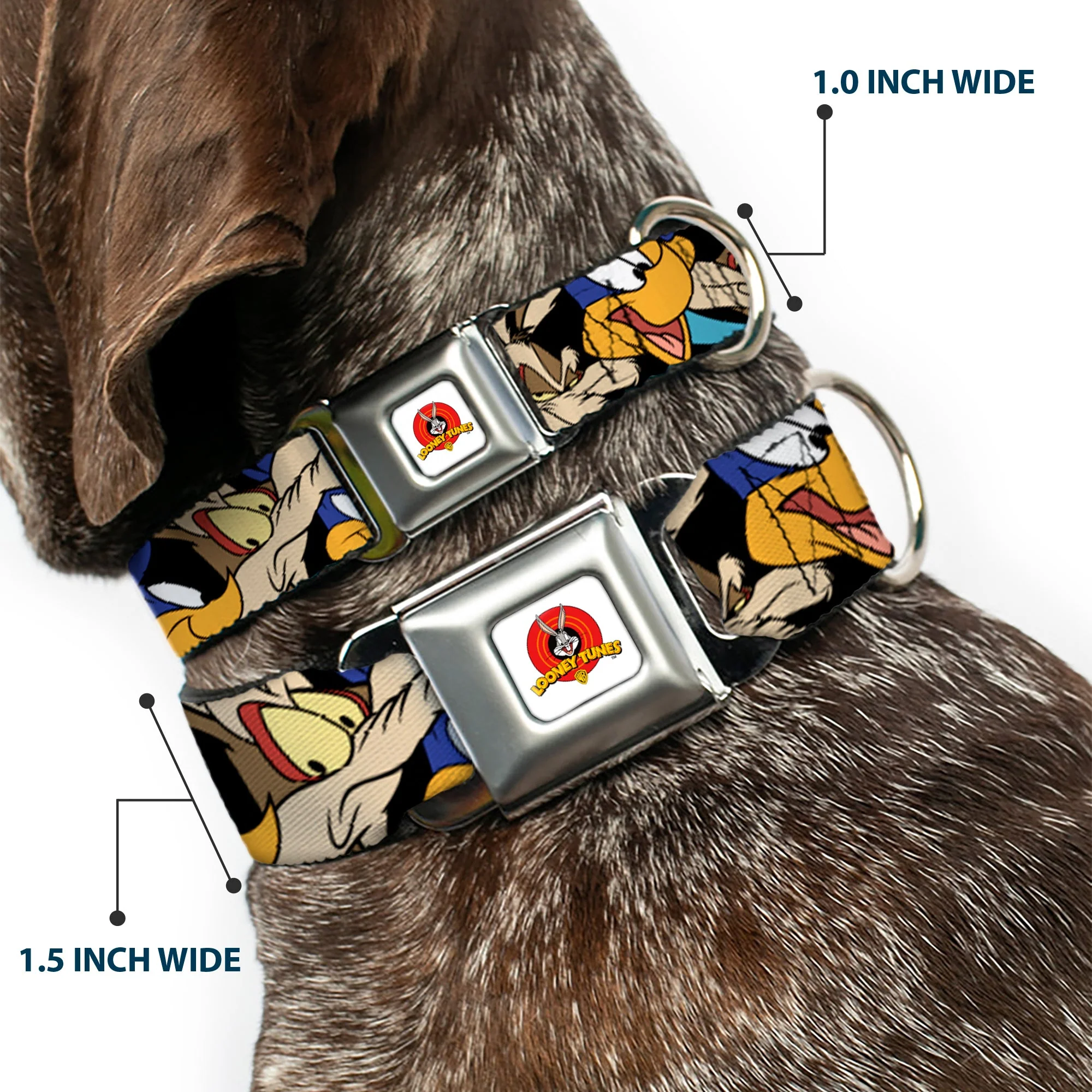 Looney Tunes Logo White Seatbelt Buckle Collar - Road Runner/Wile E. Coyote Expressions Stacked Black - Image 2