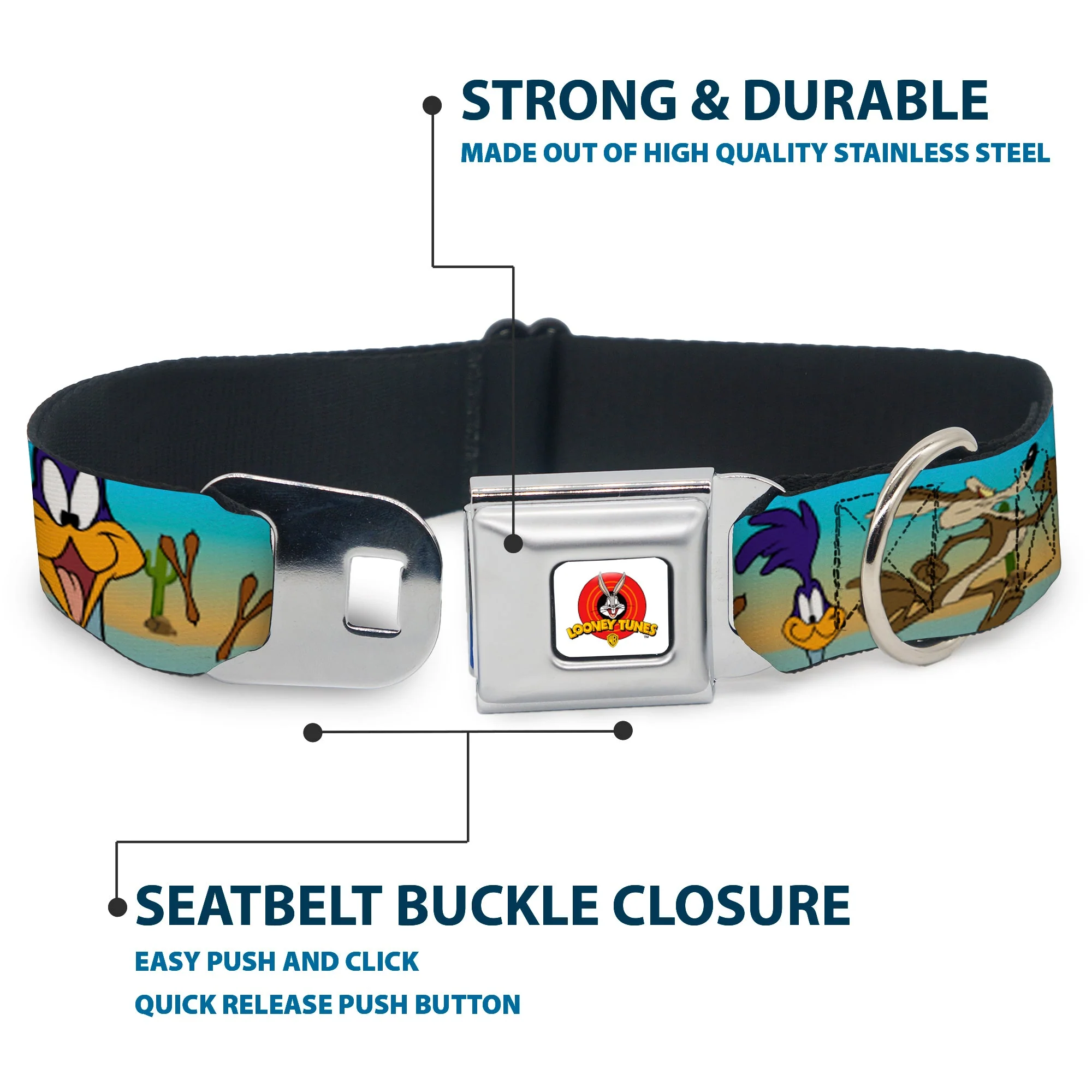 Looney Tunes Logo White Seatbelt Buckle Collar - Road Runner/Wile E. Coyote Scene1 Brown Fade - Image 4