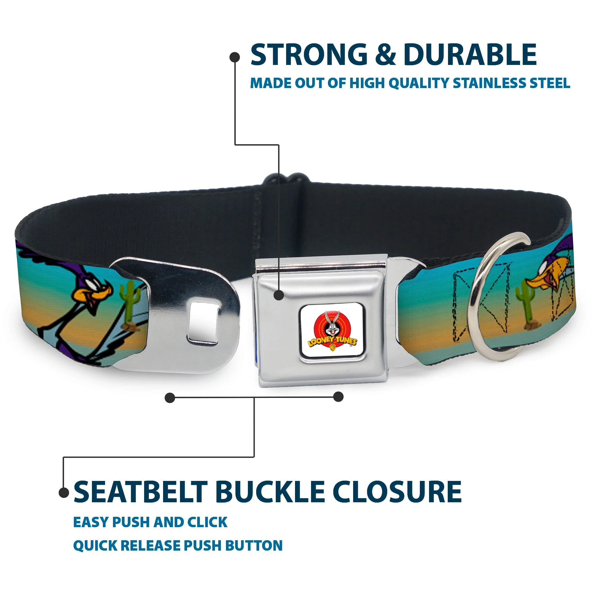 Looney Tunes Logo White Seatbelt Buckle Collar - Road Runner/Wile E. Coyote Scene1 Desert - Image 4