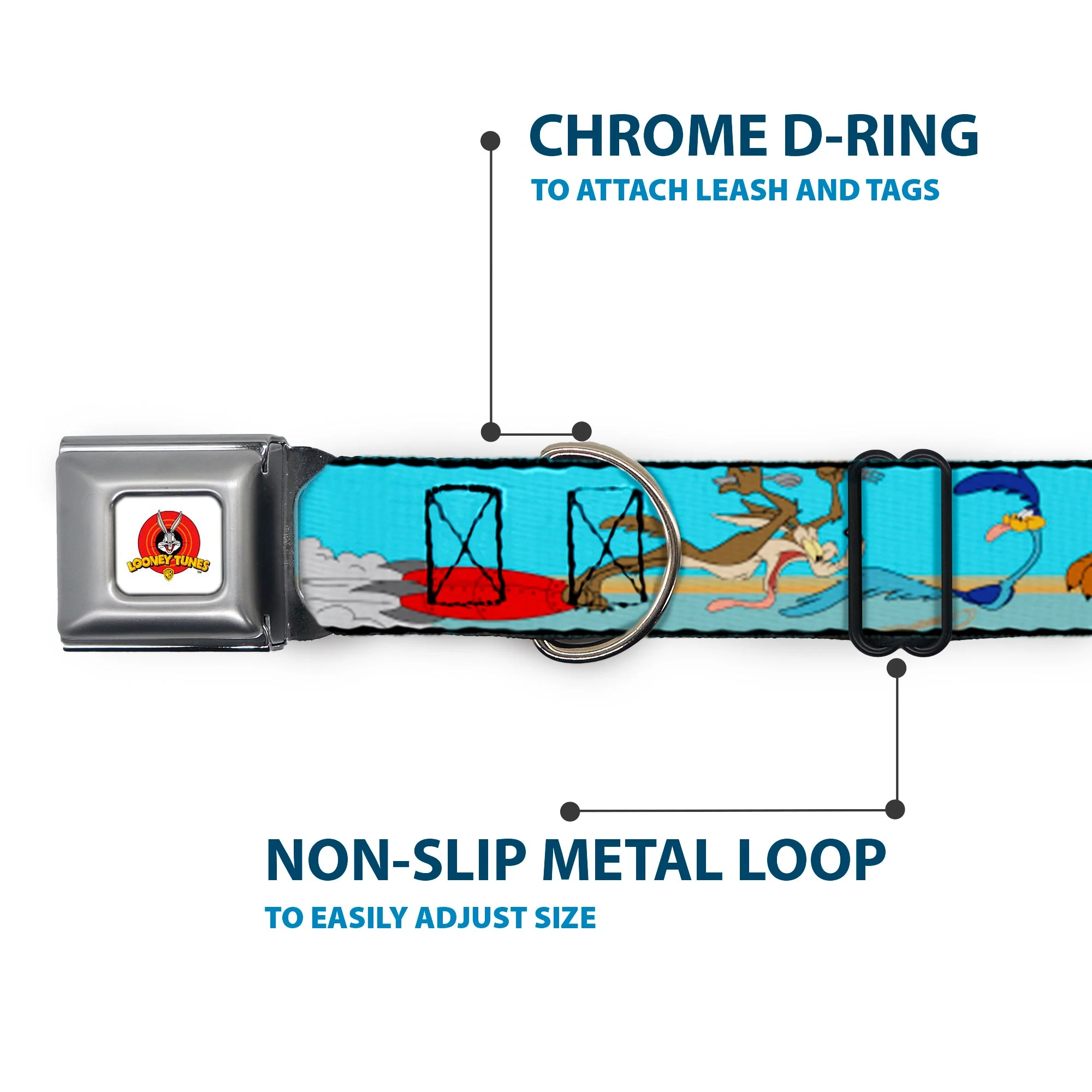 Looney Tunes Logo White Seatbelt Buckle Collar - Road Runner/Wile E. Coyote Scene2 Desert - Image 5