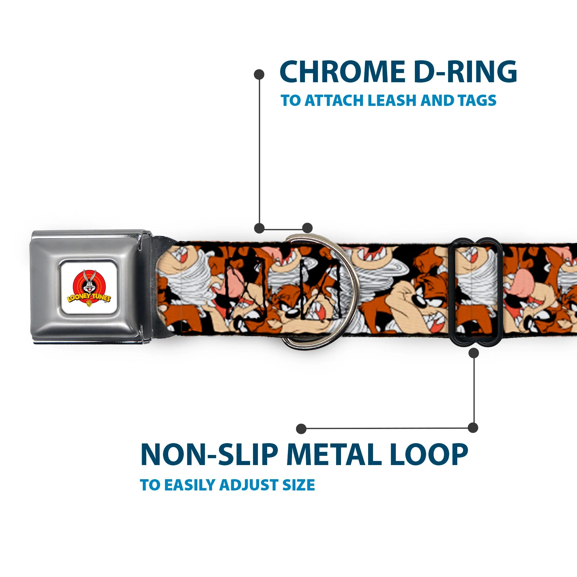 Looney Tunes Logo White Seatbelt Buckle Collar - Tasmanian Devil Vortex Poses Stacked Black - Image 5