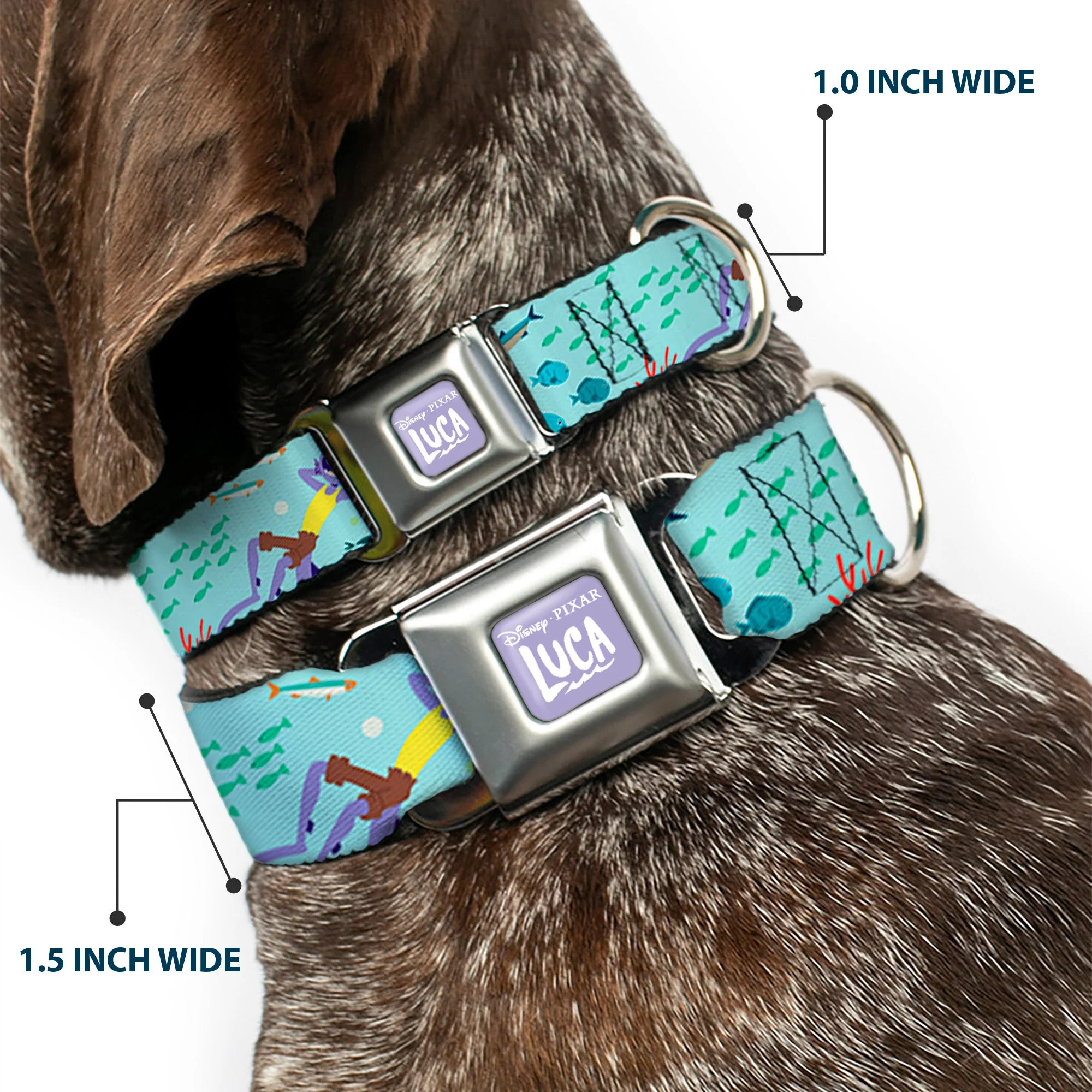 LUCA Logo Full Color Lavender/White Seatbelt Buckle Collar - Luca Isola del Mar Alberto Sea Monster School of Fish Collage - Image 2