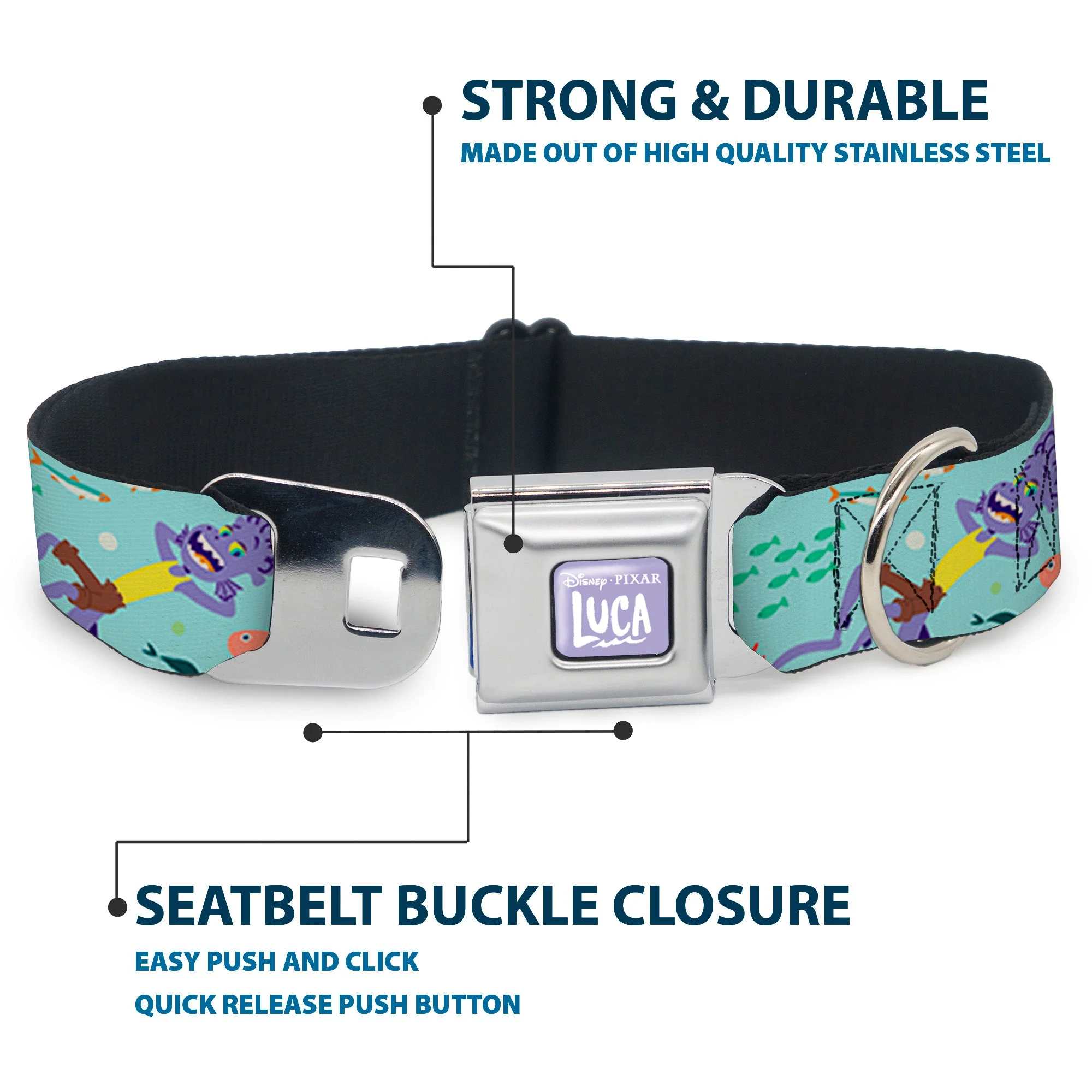 LUCA Logo Full Color Lavender/White Seatbelt Buckle Collar - Luca Isola del Mar Alberto Sea Monster School of Fish Collage - Image 4