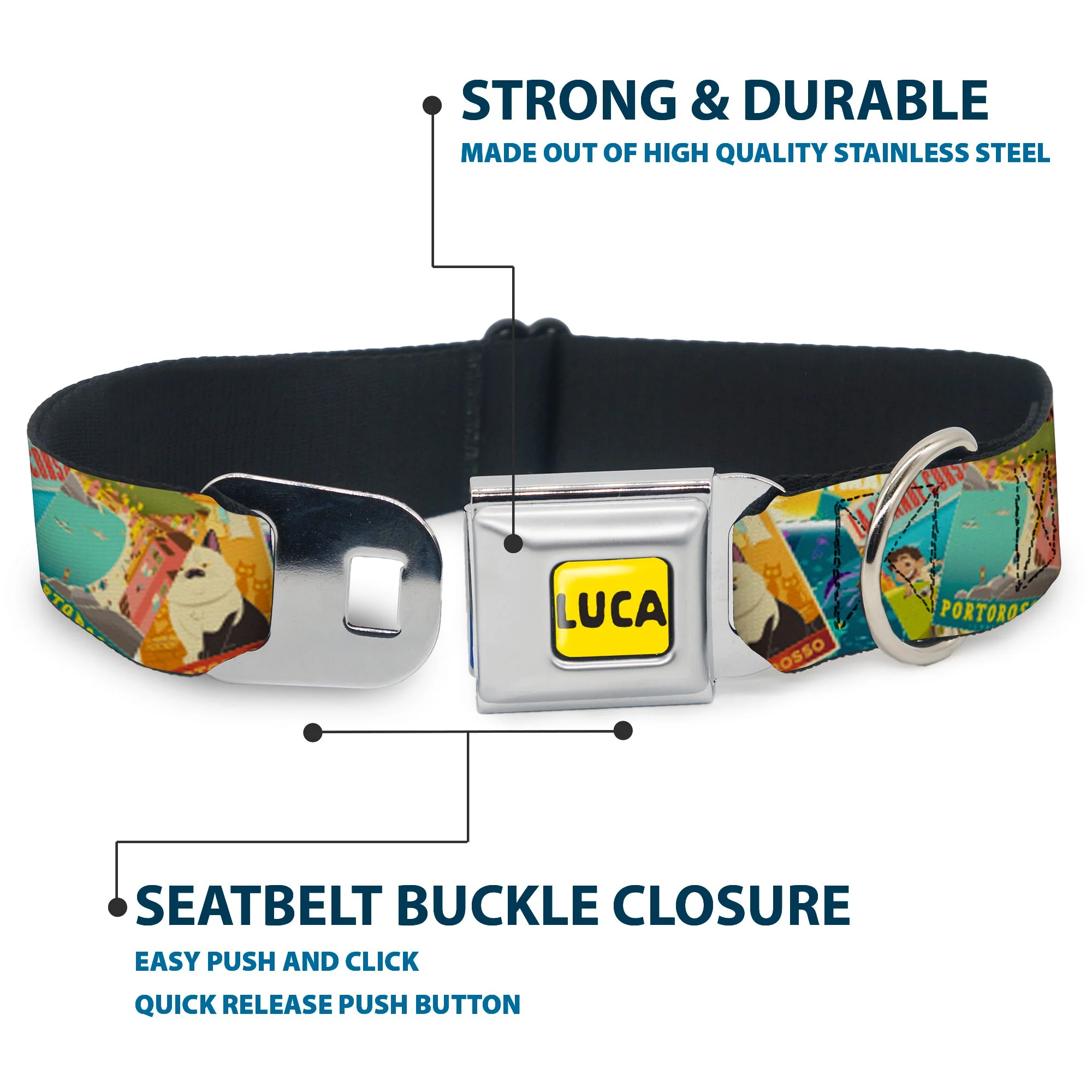 LUCA Logo Full Color Yellow/Black Seatbelt Buckle Collar - Luca The Piazza Poster Collage Stacked - Image 4