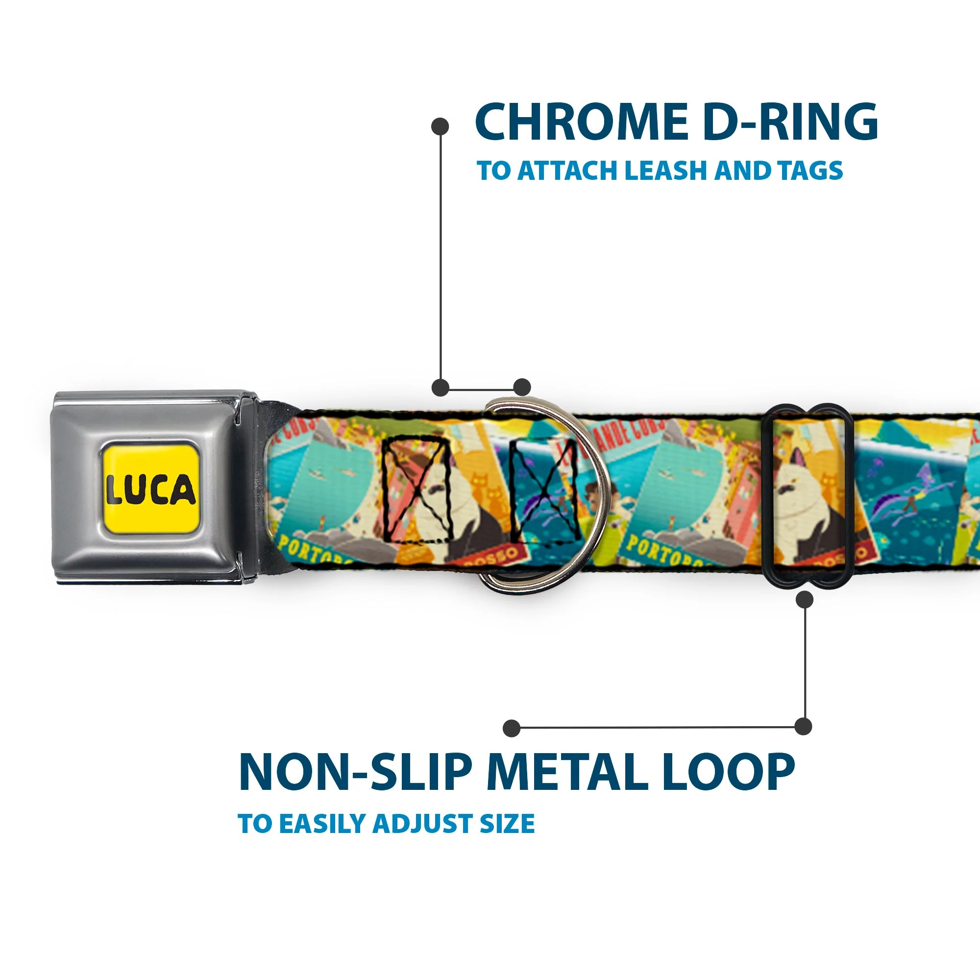 LUCA Logo Full Color Yellow/Black Seatbelt Buckle Collar - Luca The Piazza Poster Collage Stacked - Image 5